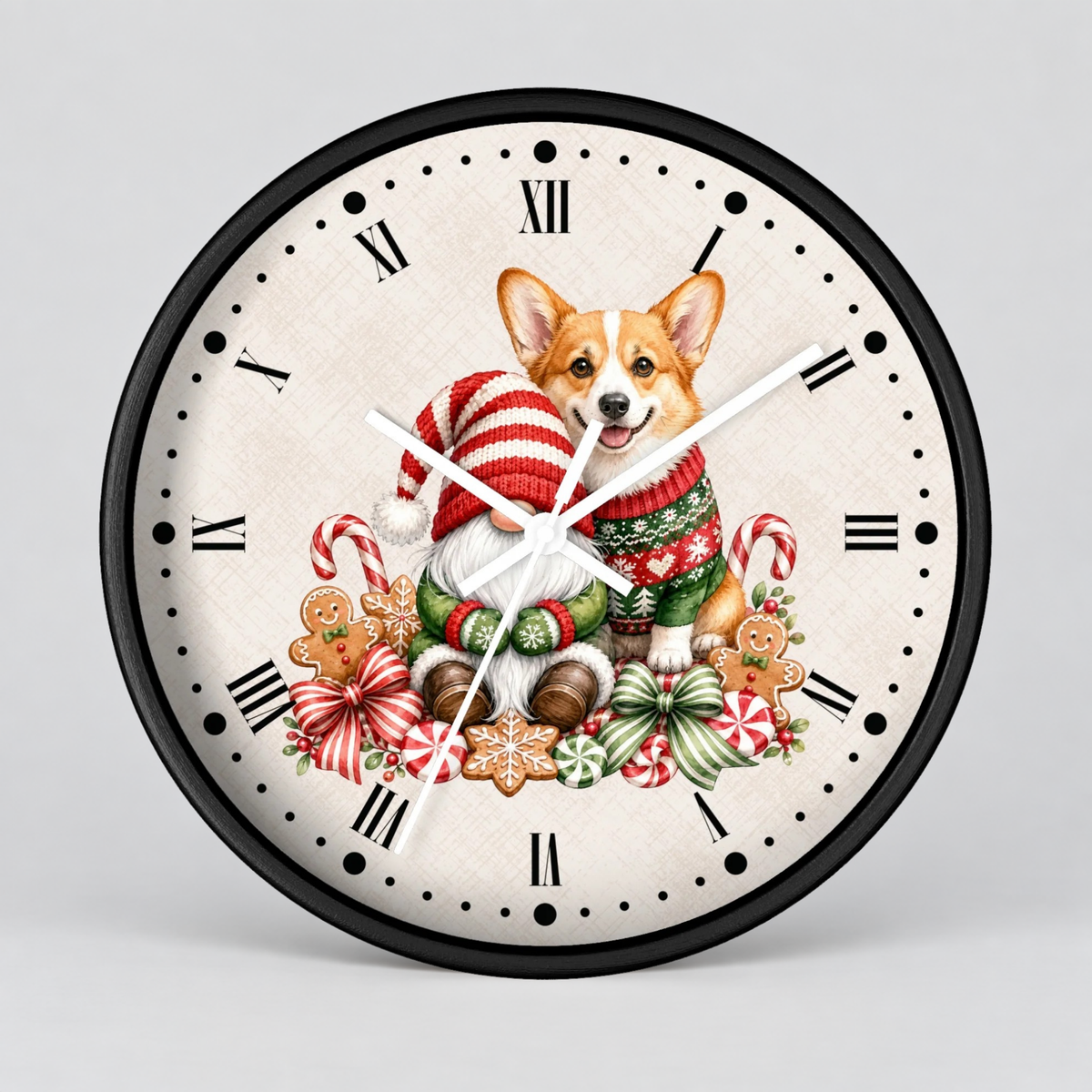 A round wall clock with a black frame and Roman numerals, featuring a festive illustration of a corgi dog in a red and white striped sweater surrounded by Christmas decorations on a light beige background.