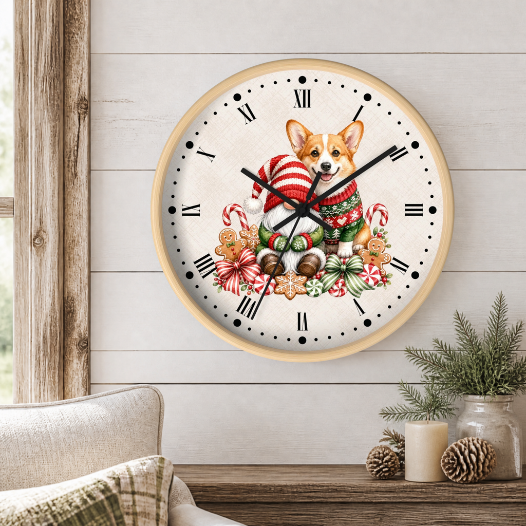 A round wall clock with a light wood frame hangs on a white shiplap wall above a wooden table. The clock face features a corgi wearing a red and white striped Santa hat, surrounded by Christmas ornaments, candy canes, and gingerbread cookies.