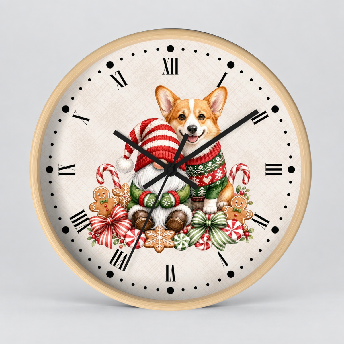 A round wall clock with a light wood frame and a festive Christmas illustration of a corgi wearing a red and white striped Santa hat, surrounded by candy canes, gingerbread cookies, and a gnome on an off-white textured dial with black Roman numerals.