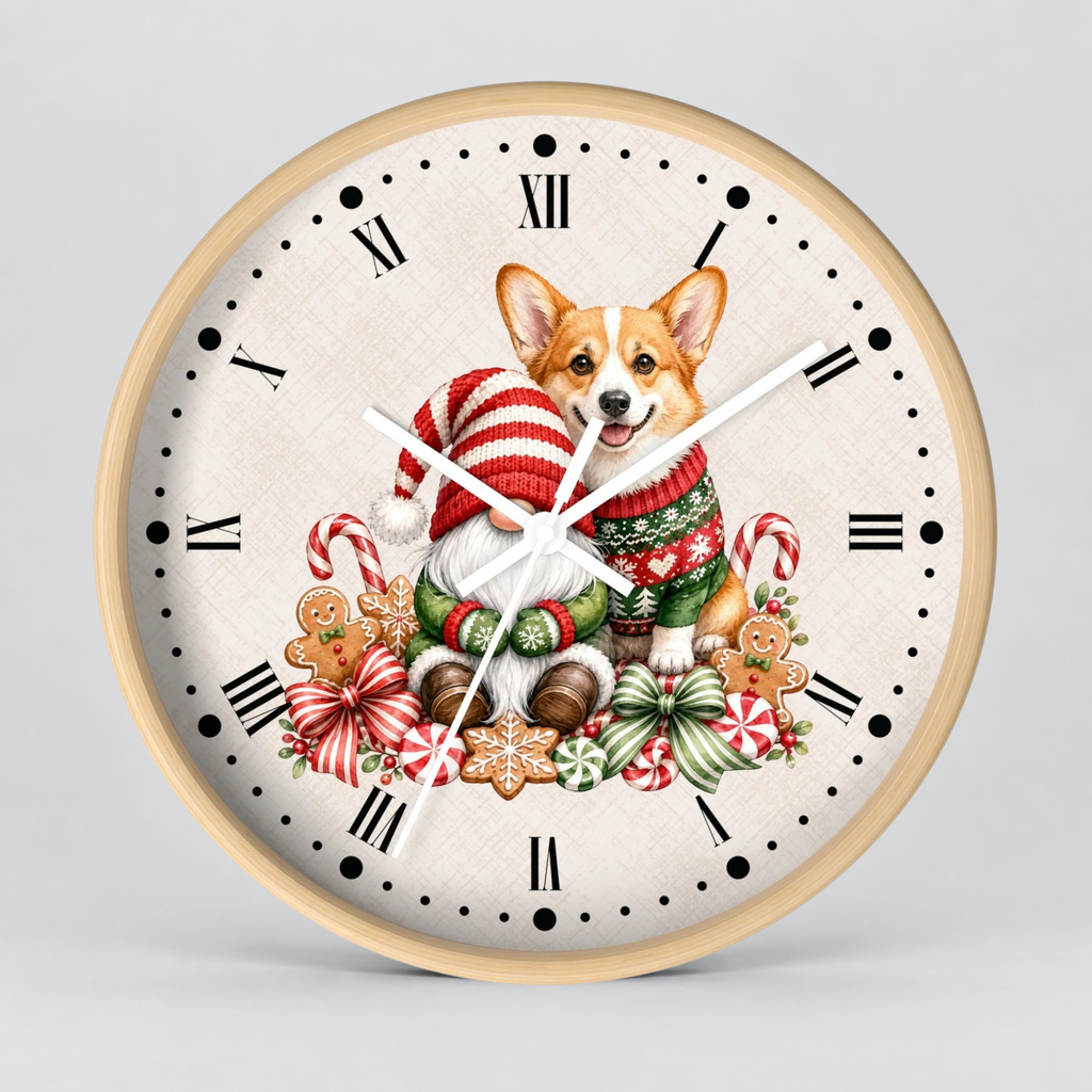 A round wall clock with a light wood frame and a festive Christmas illustration of a corgi dog wearing a red and green knit sweater, surrounded by candy canes, gingerbread cookies, and ornaments on a cream textured dial with black Roman numerals.