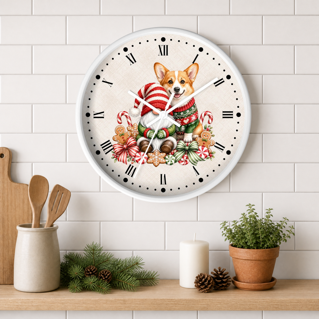 A round wall clock with a white frame hangs on a white subway tile wall above a wooden shelf. The clock face features a festive illustration of a corgi wearing a red and green striped knit sweater, surrounded by Christmas candy canes, gingerbread cookies, and ornaments.