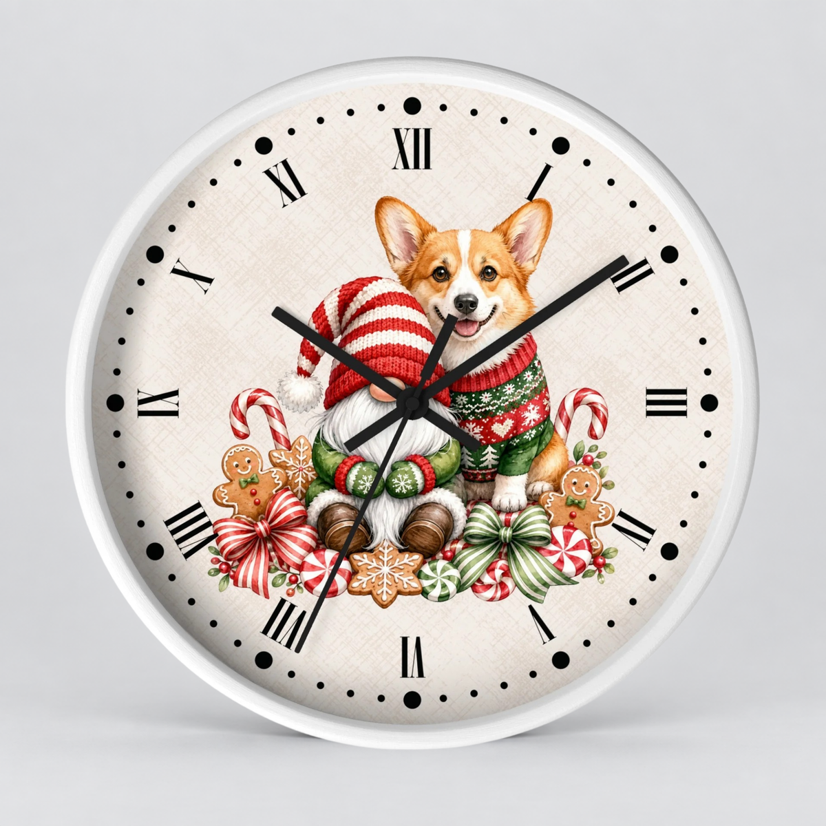 A round wall clock with a white frame and Roman numerals, featuring a festive illustration of a corgi dog in a red and green Christmas sweater surrounded by candy canes, gingerbread cookies, and gifts on a light beige background.