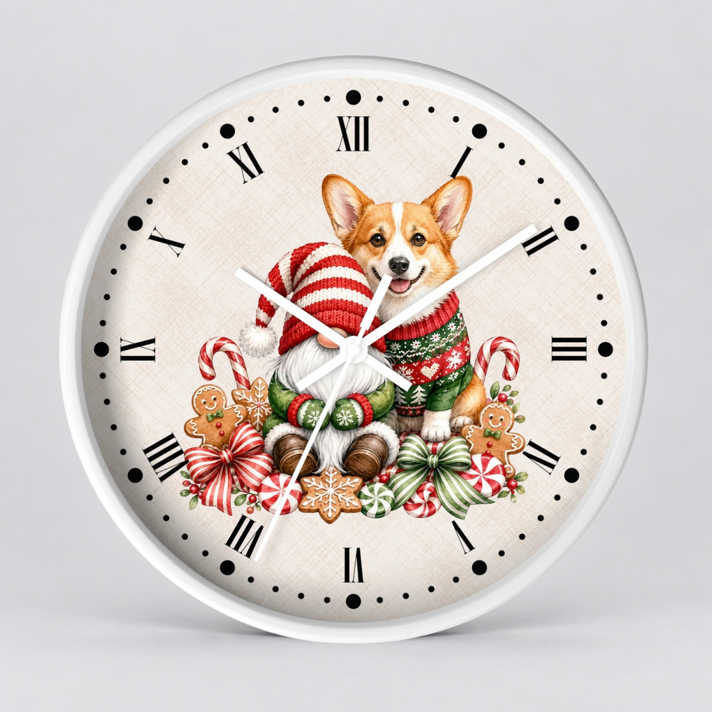Round wall clock with a white frame and a festive Christmas-themed illustration of a corgi dog wearing a red and white striped Santa hat and green sweater, surrounded by candy canes, gingerbread cookies, and ornaments on a light beige dial with black Roman numerals.