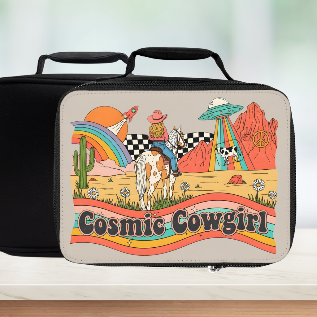 Cosmic Cowgirl-themed lunch box with colorful design on a white background