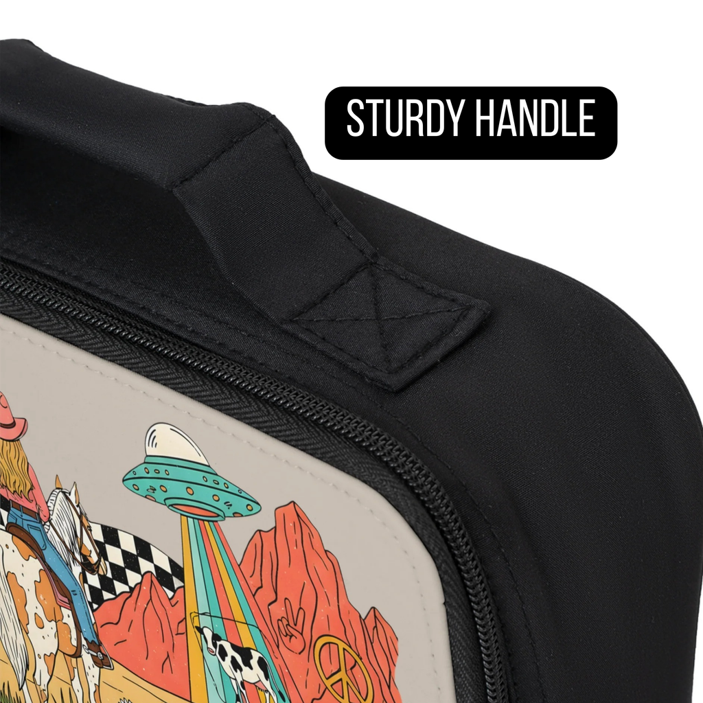Close-up of a bag with a colorful design featuring a UFO and mountains, labeled 'Sturdy Handle'.