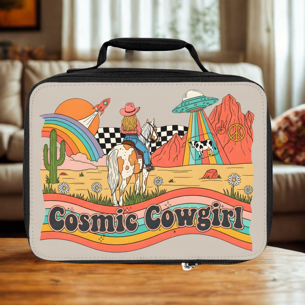 insulated lunch bag with 'Cosmic Cowgirl' design featuring a cowgirl, horse, rainbow, and UFO.