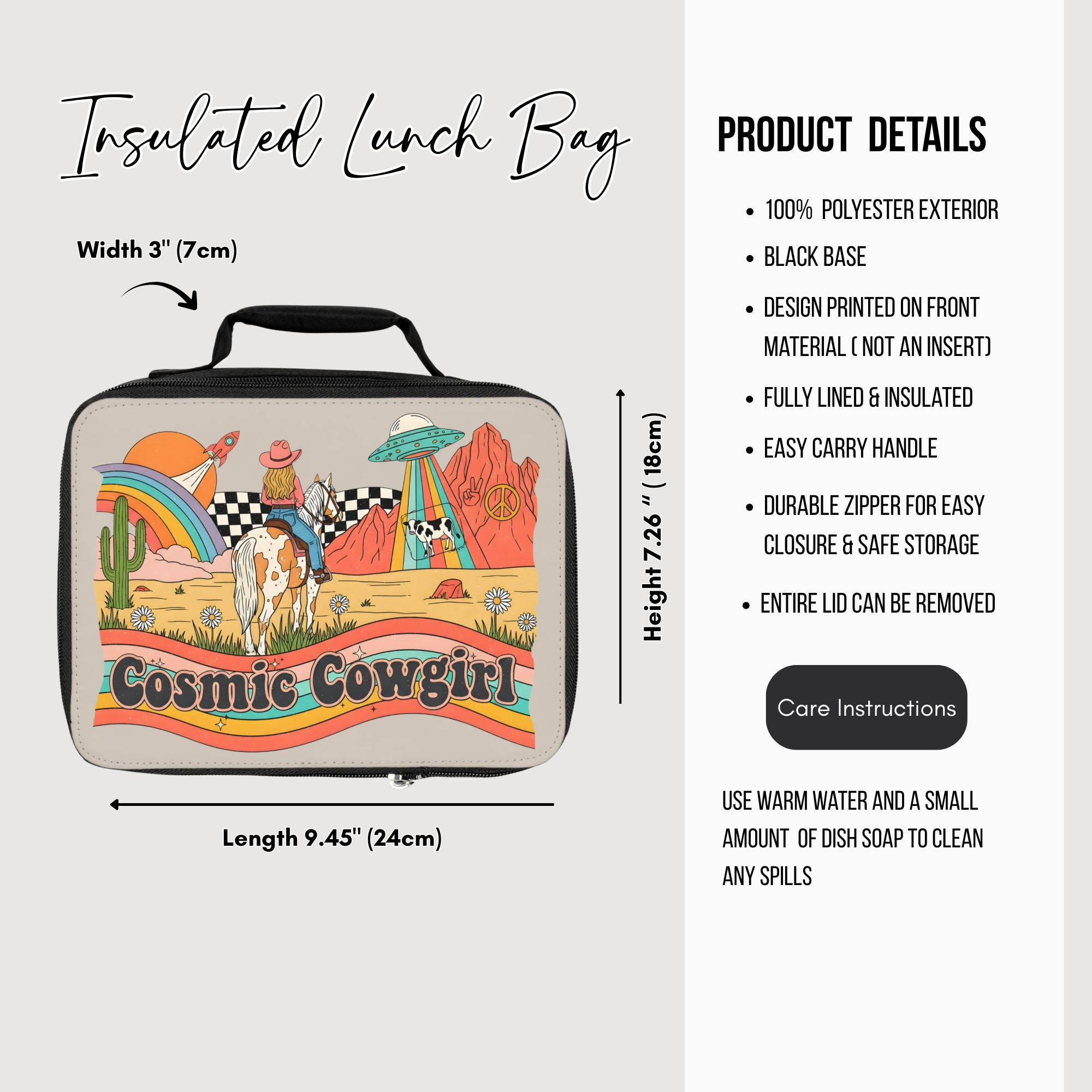 Insulated lunch bag with 'Cosmic Cowgirl' design and product details on a white background