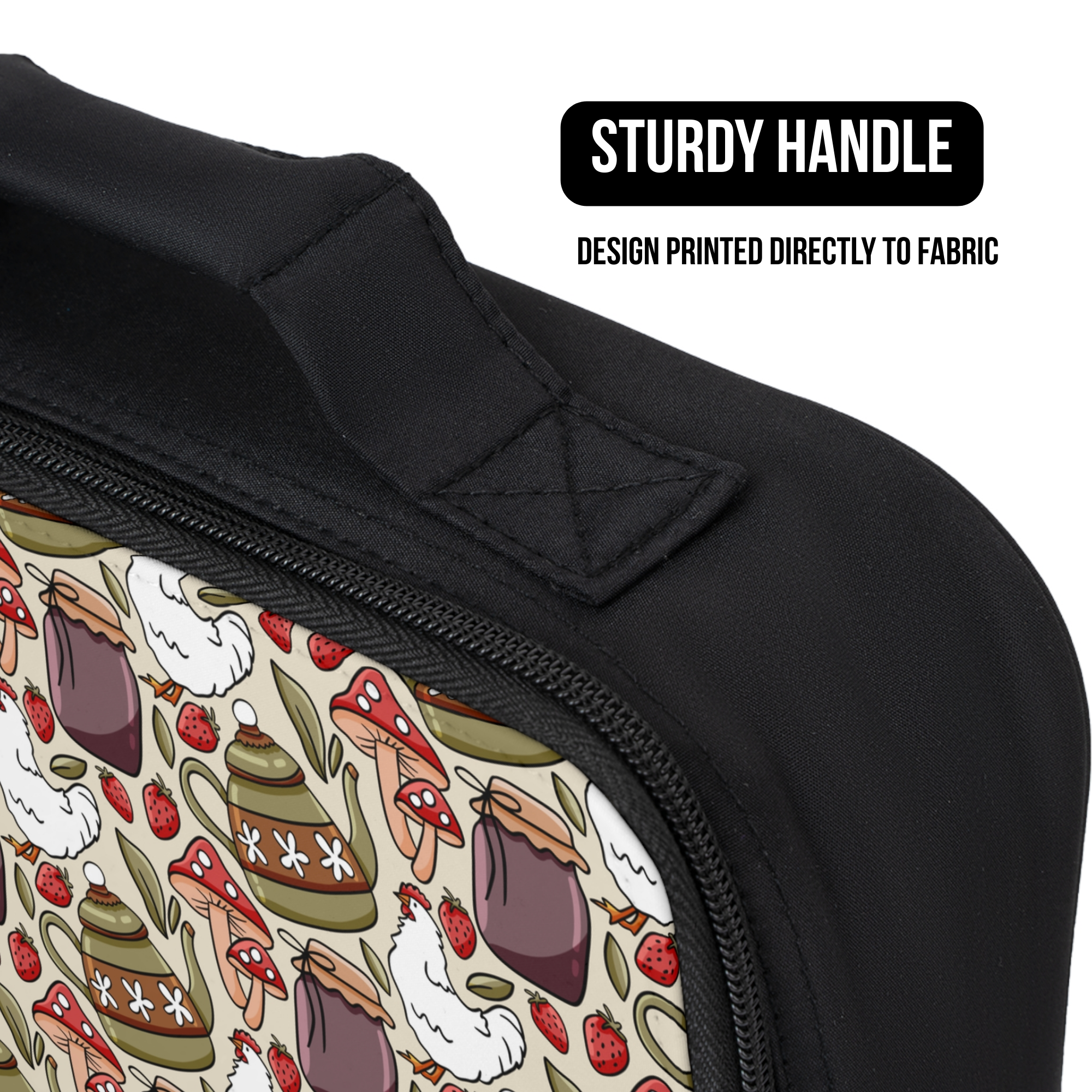 Black lunch bag with a patterned  chicken design on a white background, featuring text about a sturdy handle.