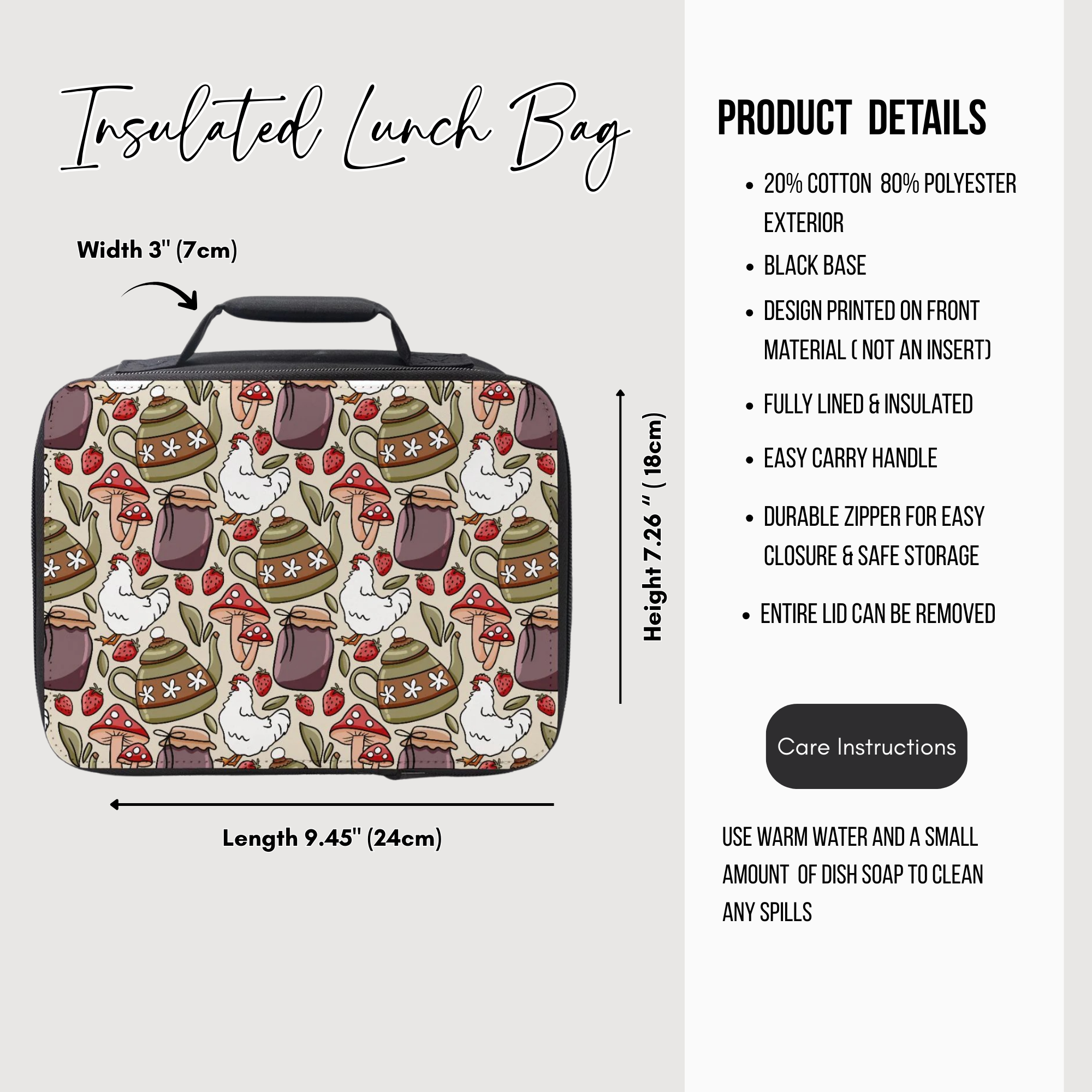 Insulated lunch bag with chicken and tea-themed design and product details on a white background
