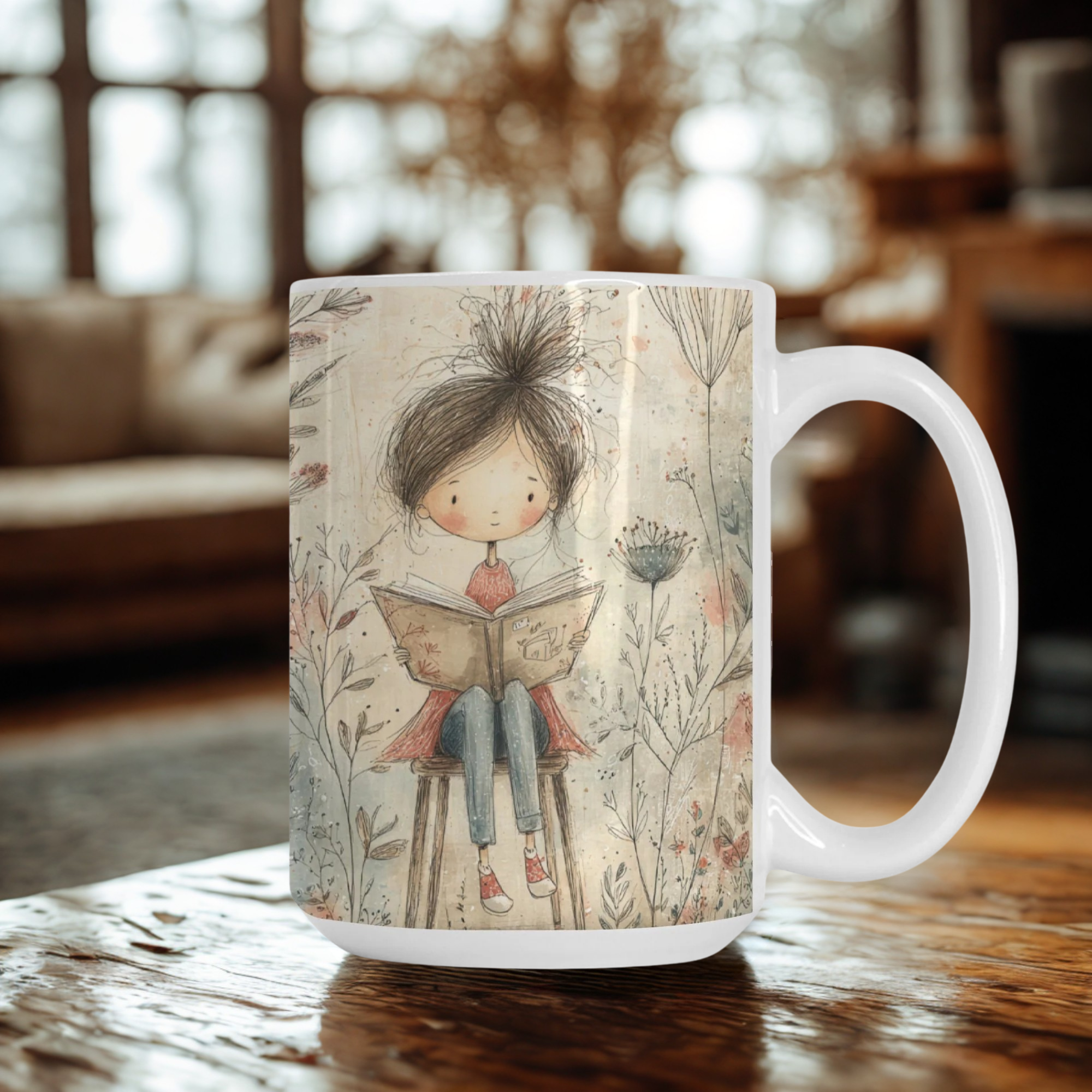 Mug with a design of a girl reading a book in a garden on a wooden table.