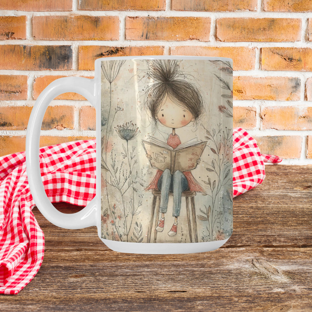 Mug with a design of a girl reading a book, placed on a wooden picnic table with a red and white checkered cloth and brick wall background.