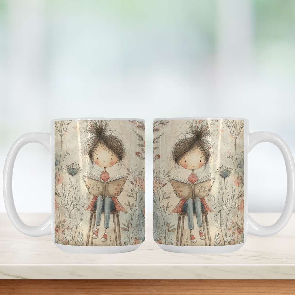 Two mugs with a design of a girl reading a book in a forest on a white background.