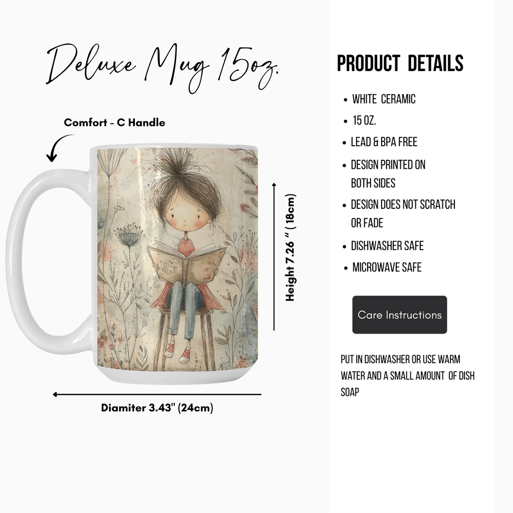 Mug with a design of a girl reading a book, surrounded by plants, with product details on a white background.