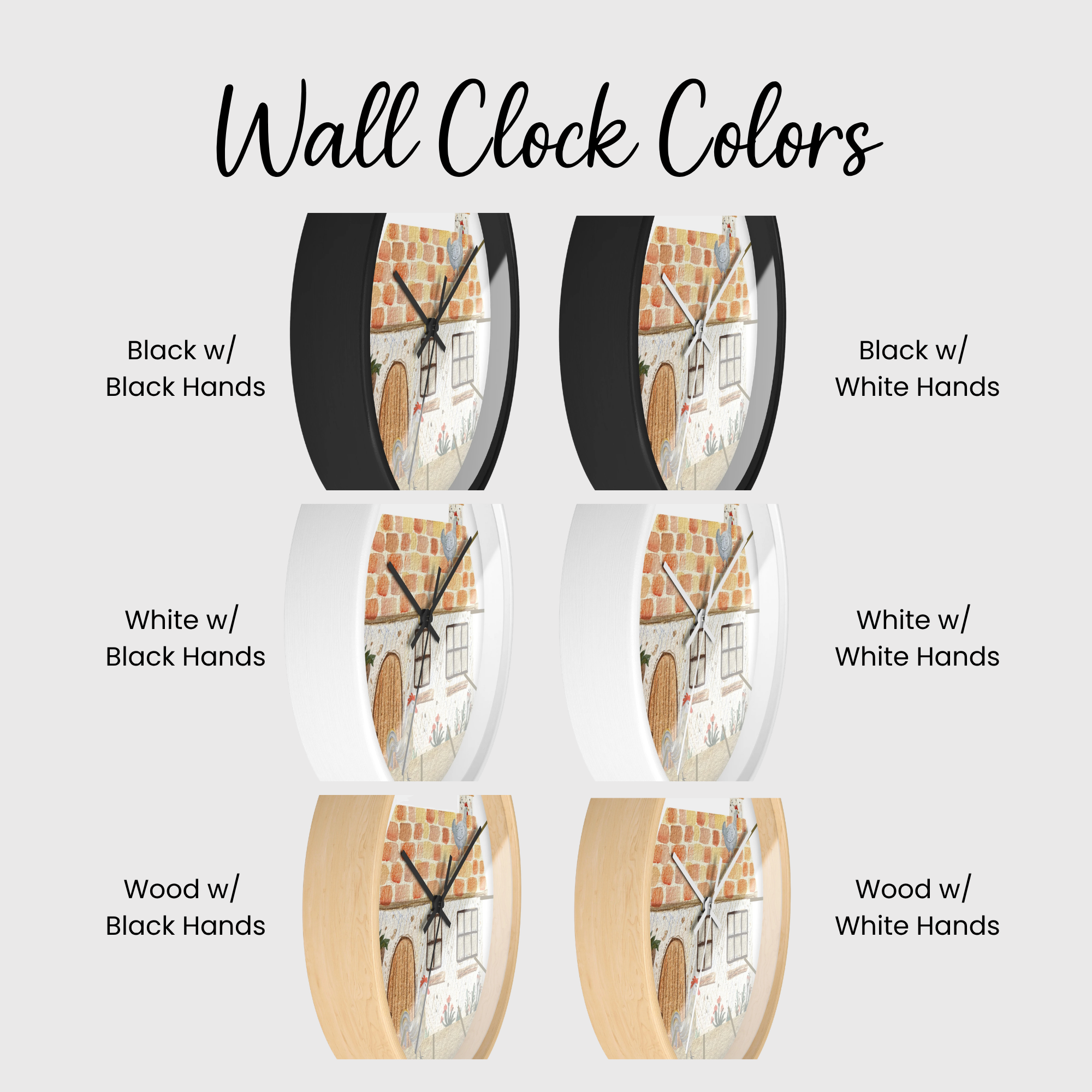 Set of wall clocks with different color combinations on a white background