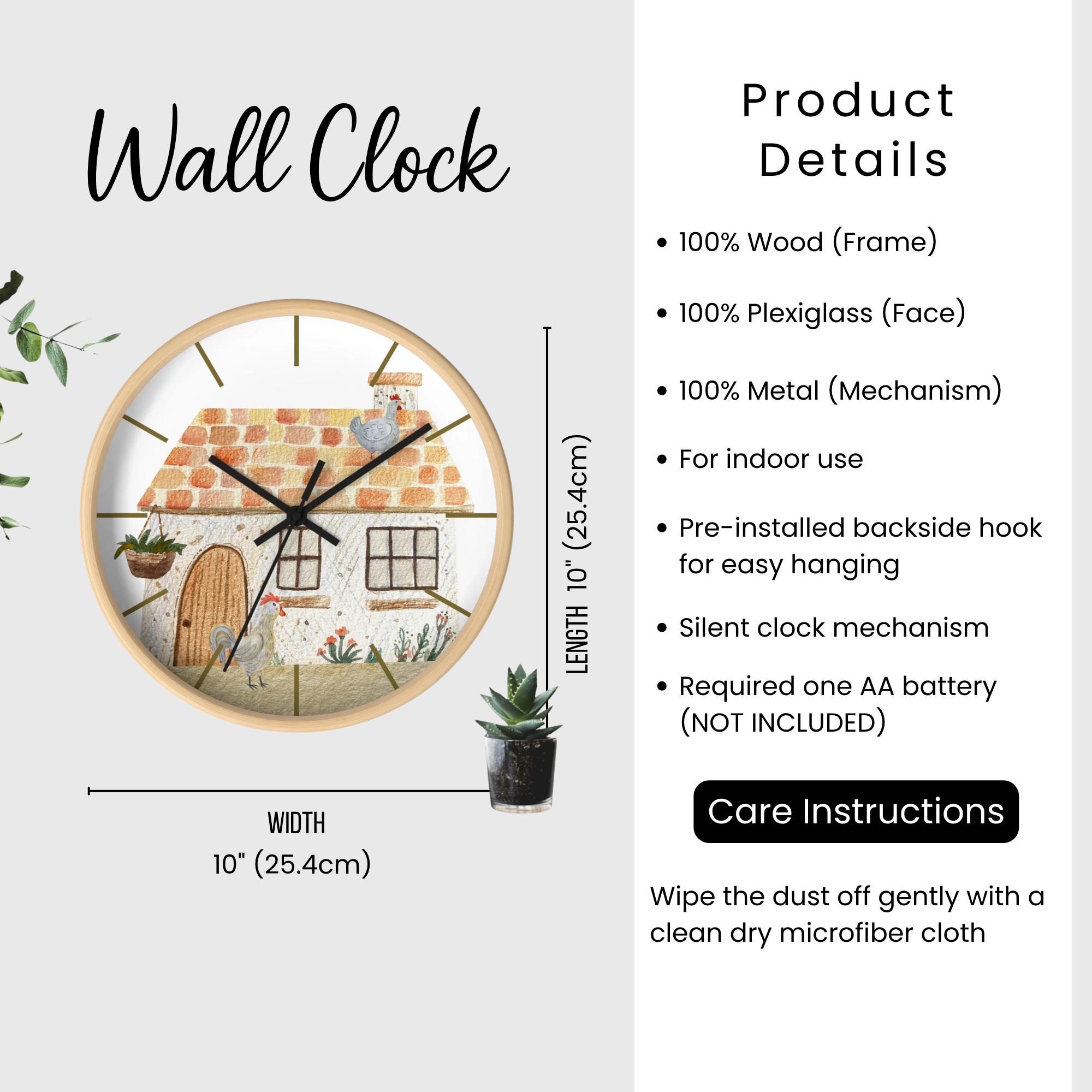 Wall clock with decorative design, measurements, and product details on a white background.