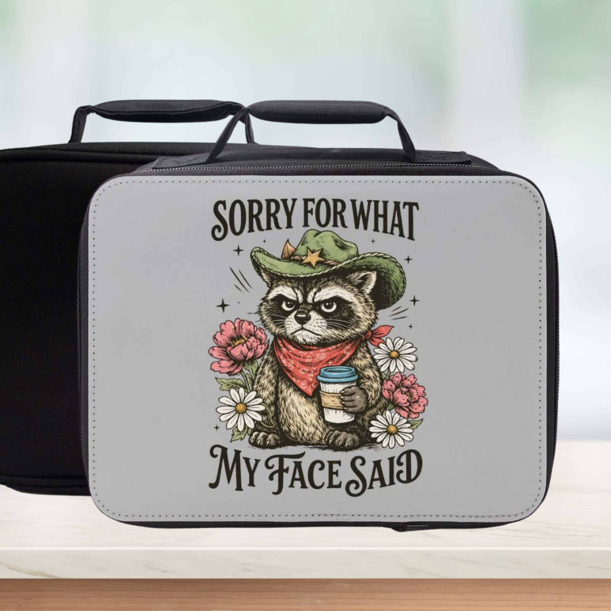 Gray lunch bag with a cartoon raccoon wearing a cowboy hat and flowers, and text 'Sorry for what my face said'.