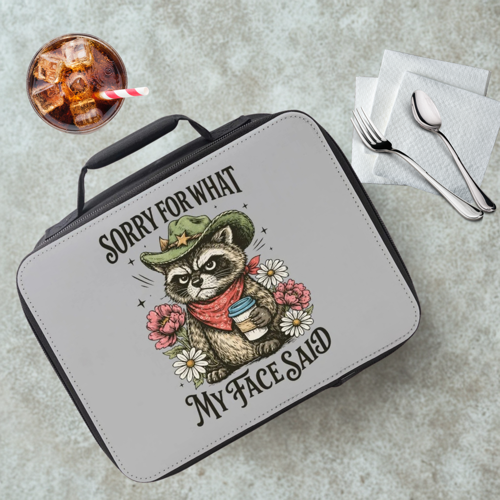 Lunch bag with a raccoon illustration and text 'Sorry For What My Face Said' on a cafeteria table with a drink and utensils.