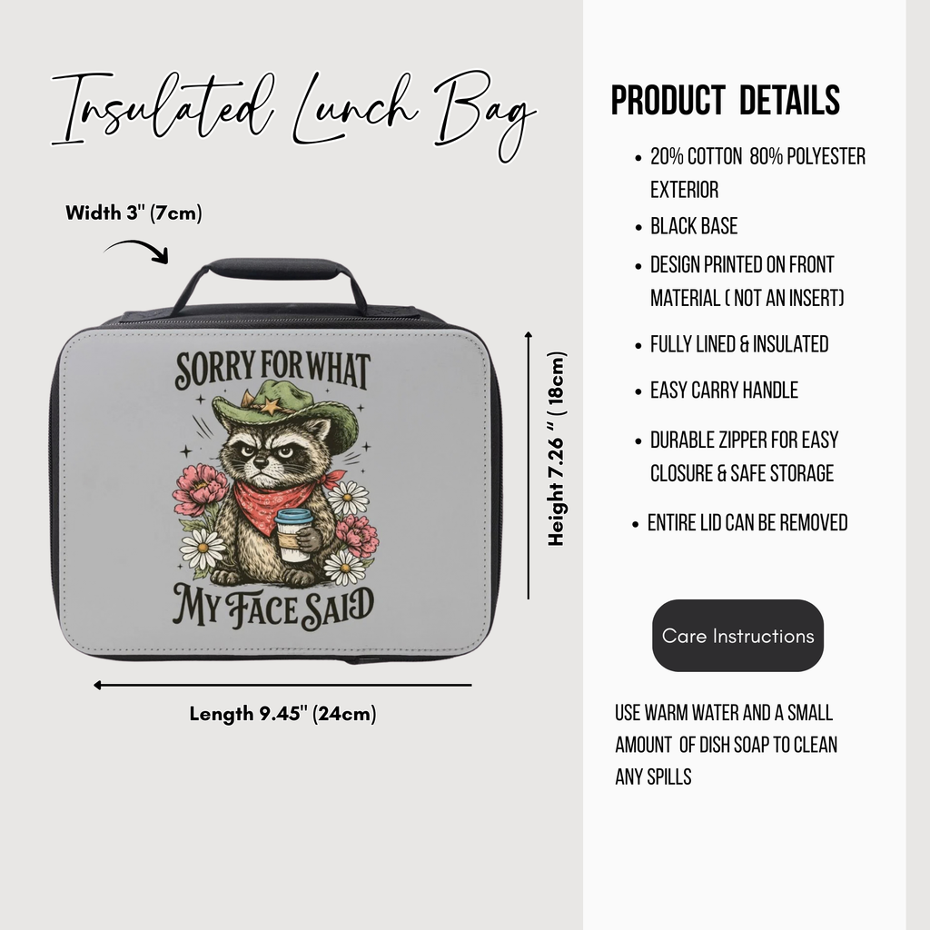 Insulated lunch bag with raccoon design and product details on a white background
