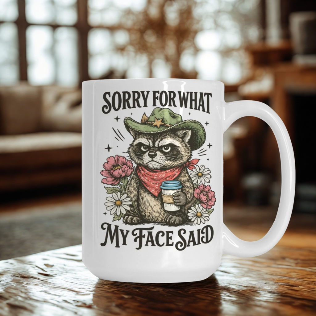 Mug with a cartoon raccoon holding a coffee cup, surrounded by flowers, on a wooden table.