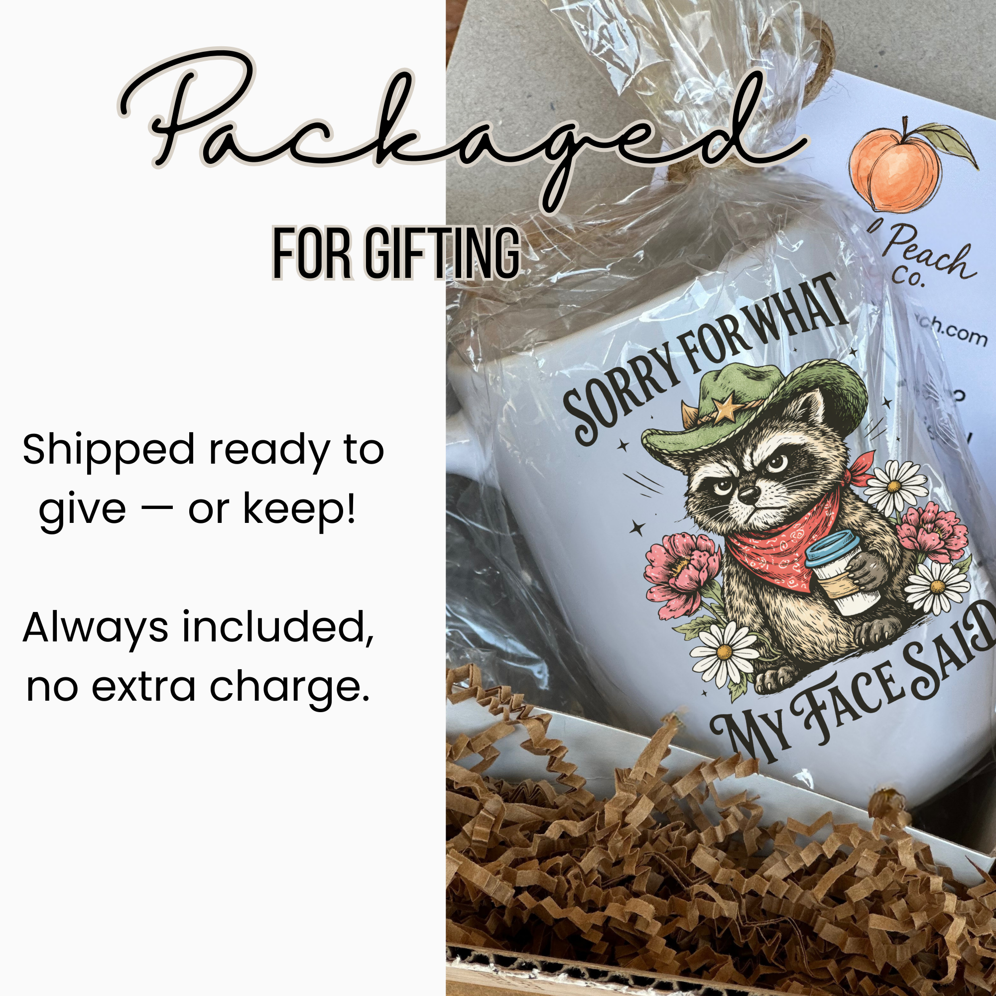 Mug with a raccoon illustration and text, wrapped in cellophane with gift packaging.