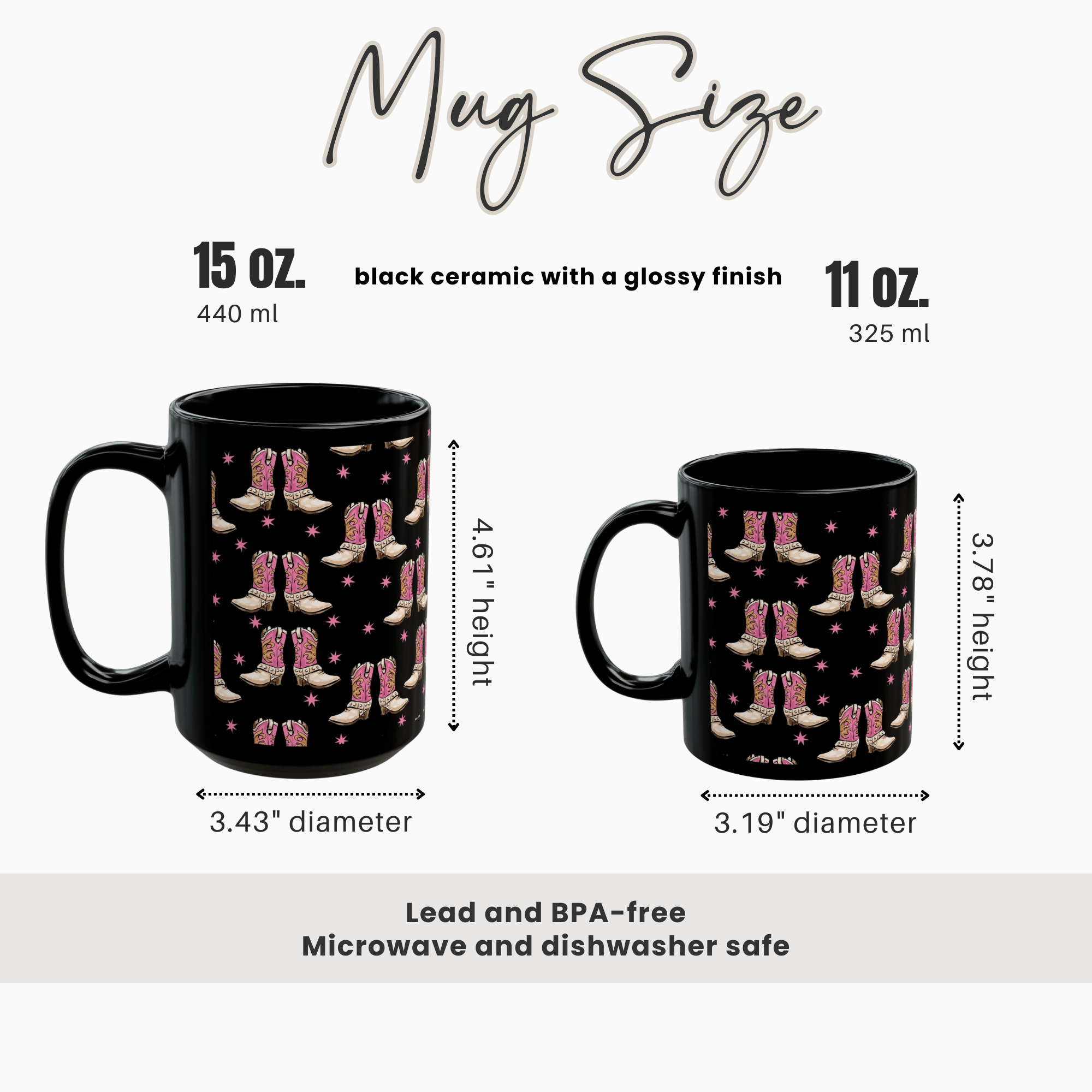 Cowgirl Boots Pattern Black Coffee Mug — Pink Western Cup (11oz, 15oz)