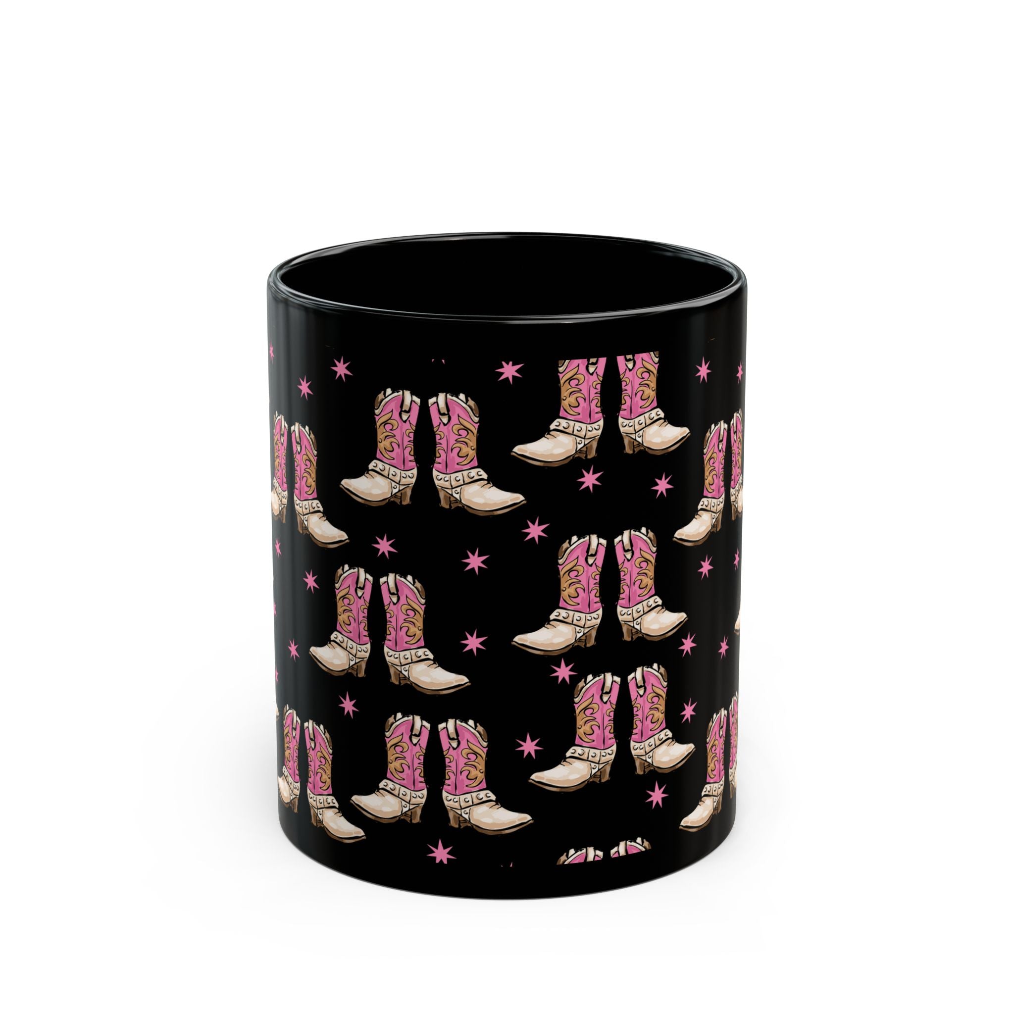 Front of 11 oz. Black mug with pink cowboy boot pattern on a white background