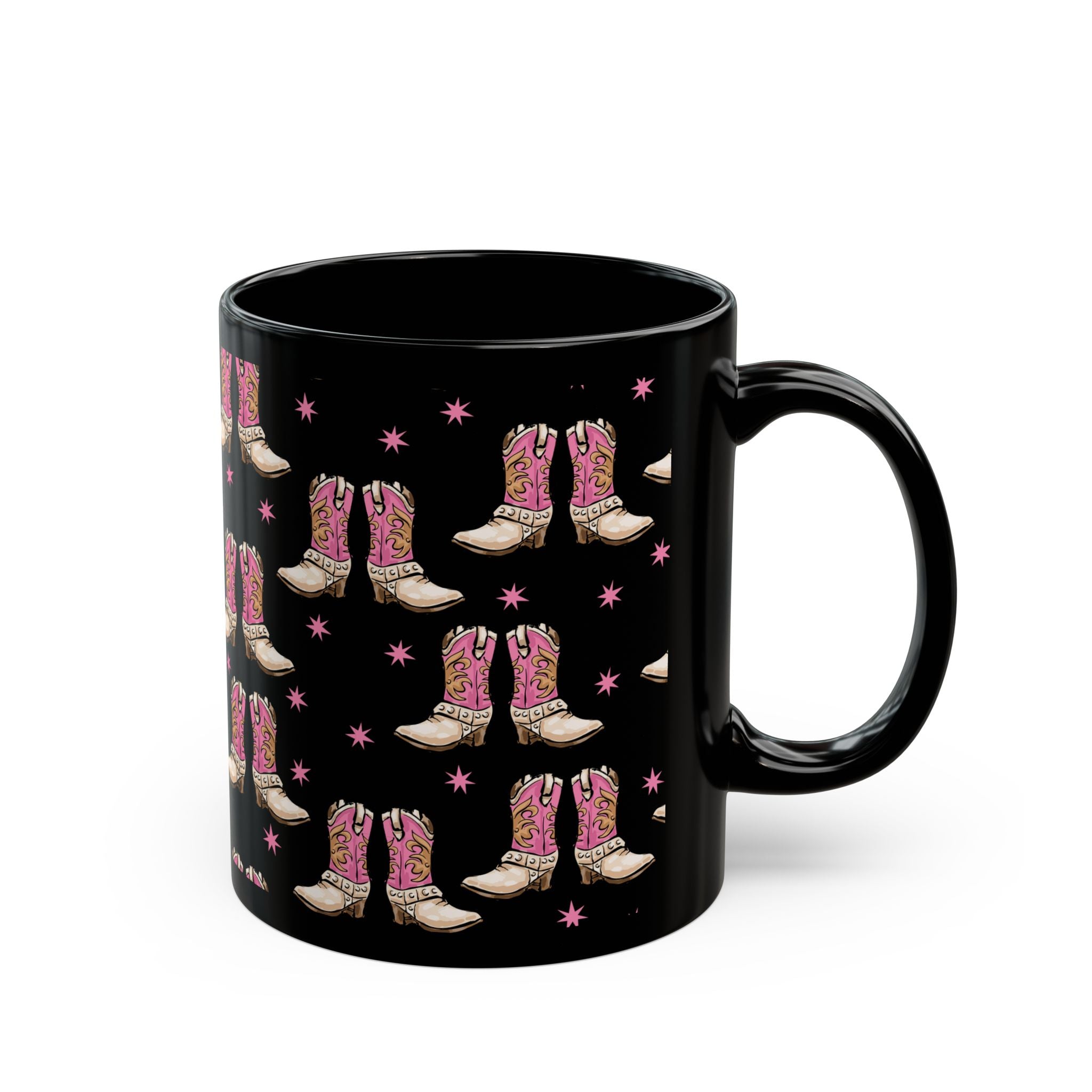 11 oz. Black mug with pink cowboy boot pattern on a white background
