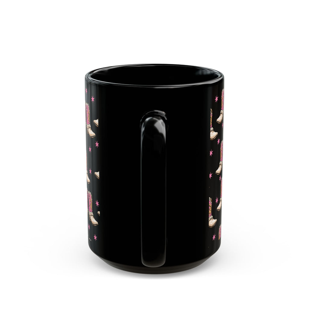 Back of 15oz. Black mug with a pattern of small, colorful designs on a white background
