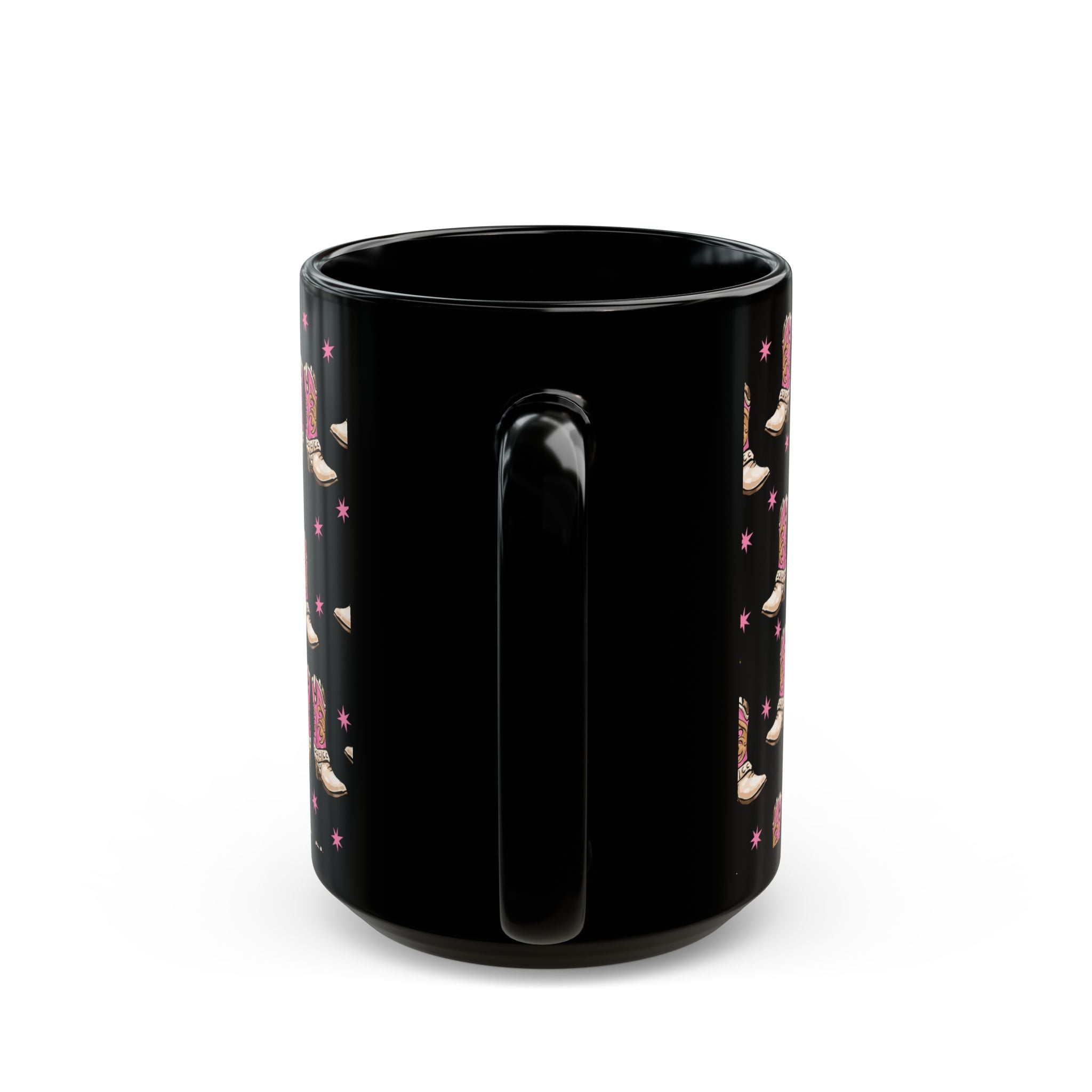 Back of 15oz. Black mug with a pattern of small, colorful designs on a white background