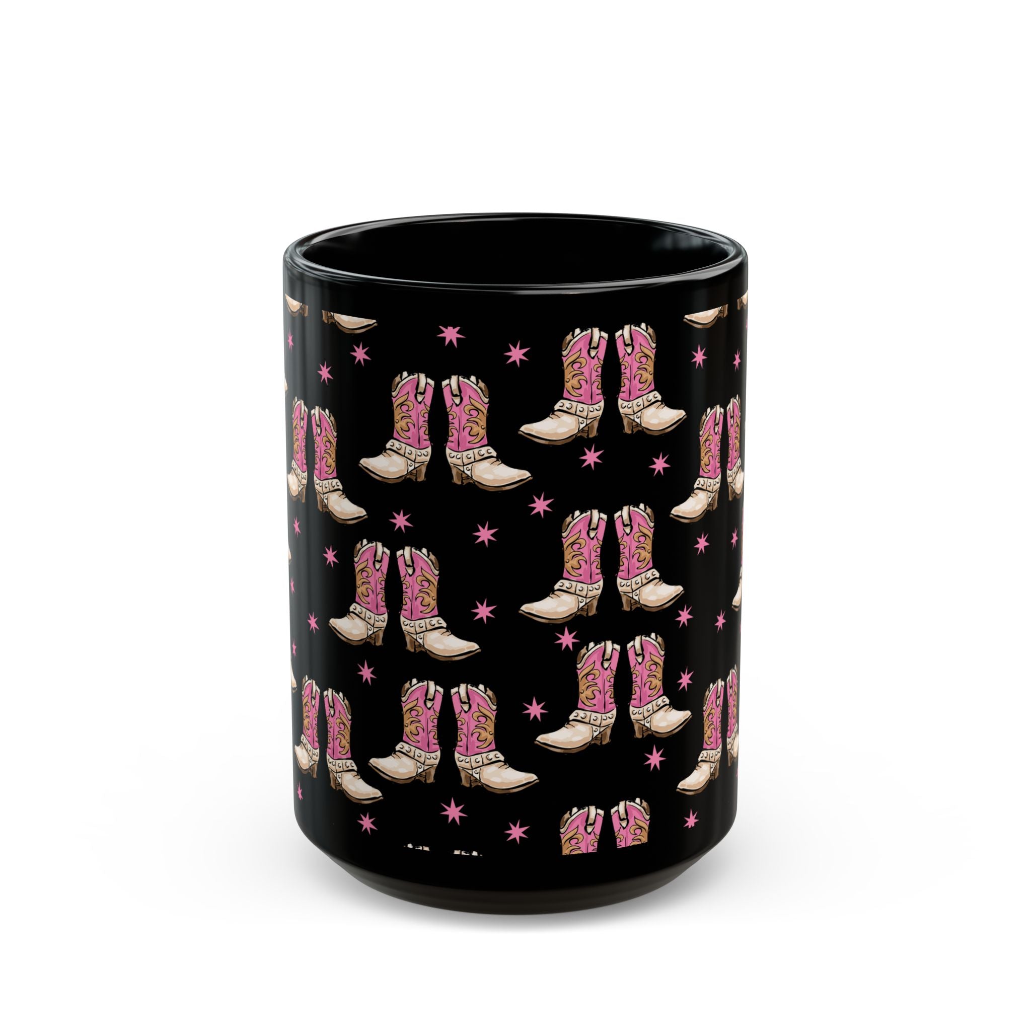 Front of 15 oz. Black mug with pink cowboy boot pattern on a white background