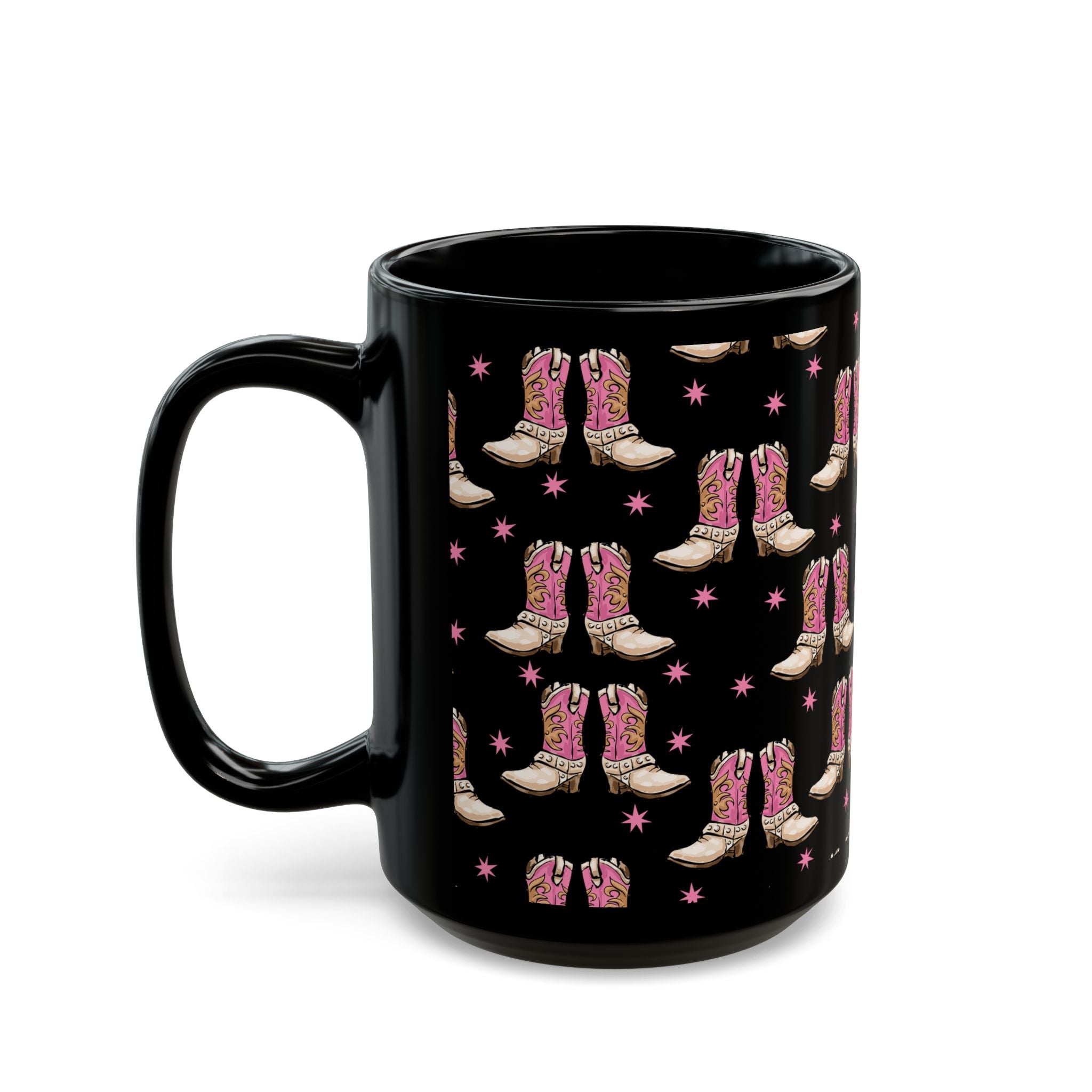Left side of 15 oz. Black mug with pink cowboy boot pattern on a white background