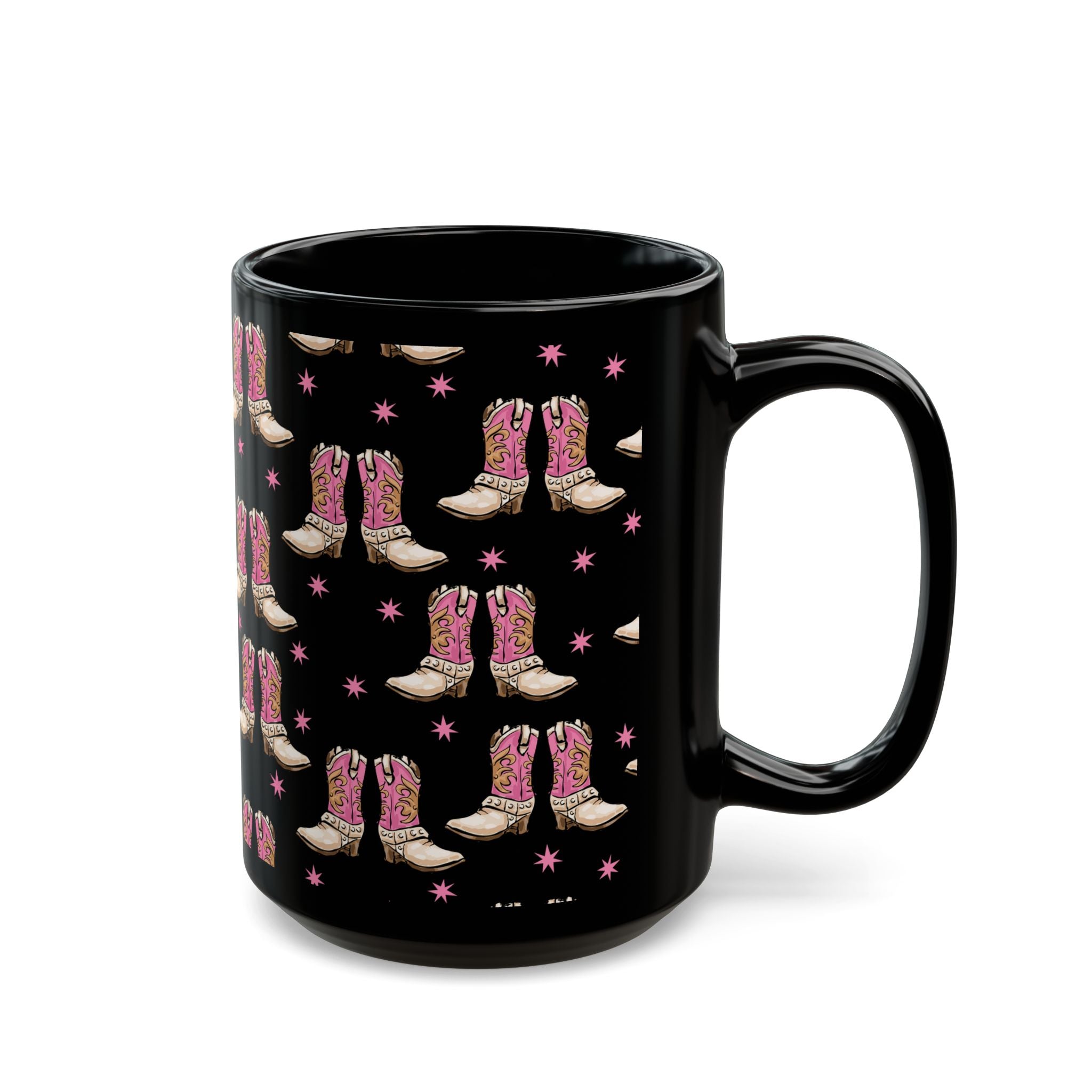 Black mug with pink cowboy boot pattern on a white background