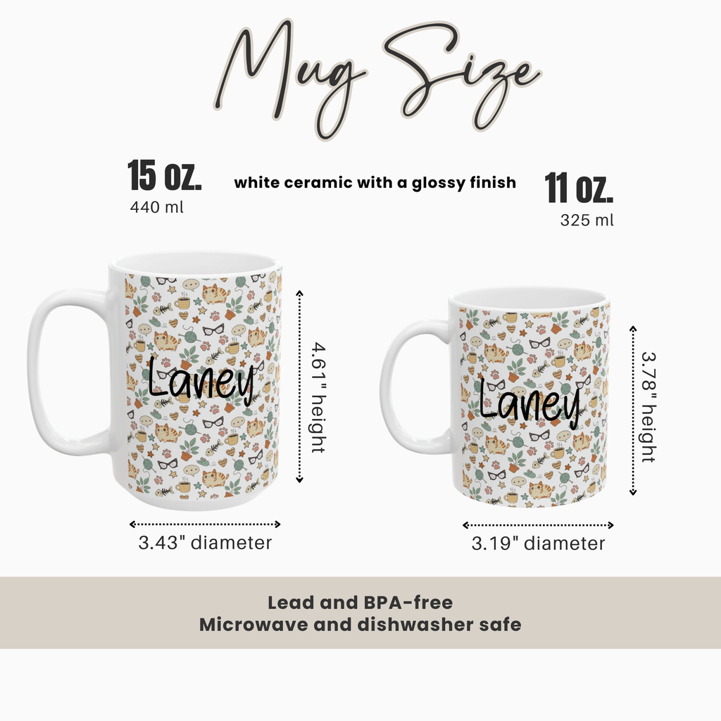 Two mugs with a pattern and text 'Laney', showing size comparison and dimensions.