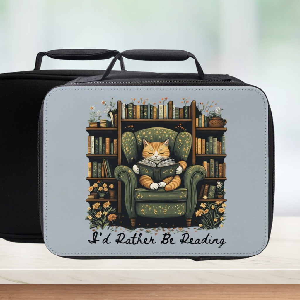  lunch box with a cat reading a book design and 'I'd Rather Be Reading' text