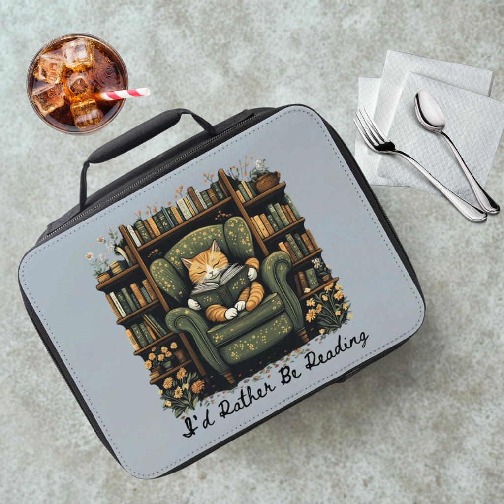 Lunch bag with a cat in a chair reading and library setting design on a cafeteria table with a drink and utensils.
