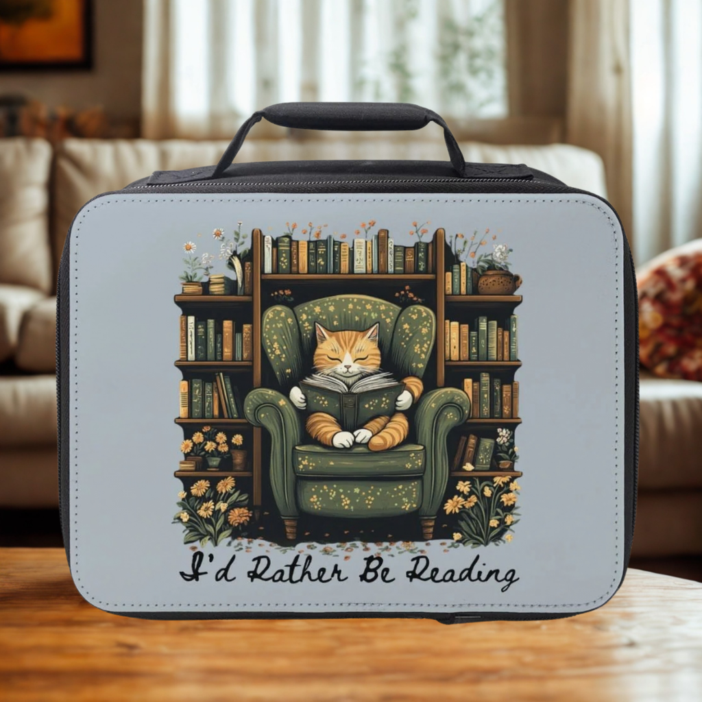 Lunch bag with a cat illustration and 'I'd Rather Be Reading' text on a wooden table.