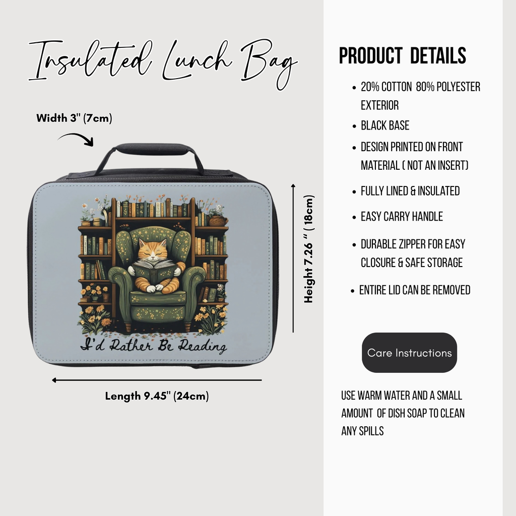 Insulated lunch bag with cat reading design and product details on a white background