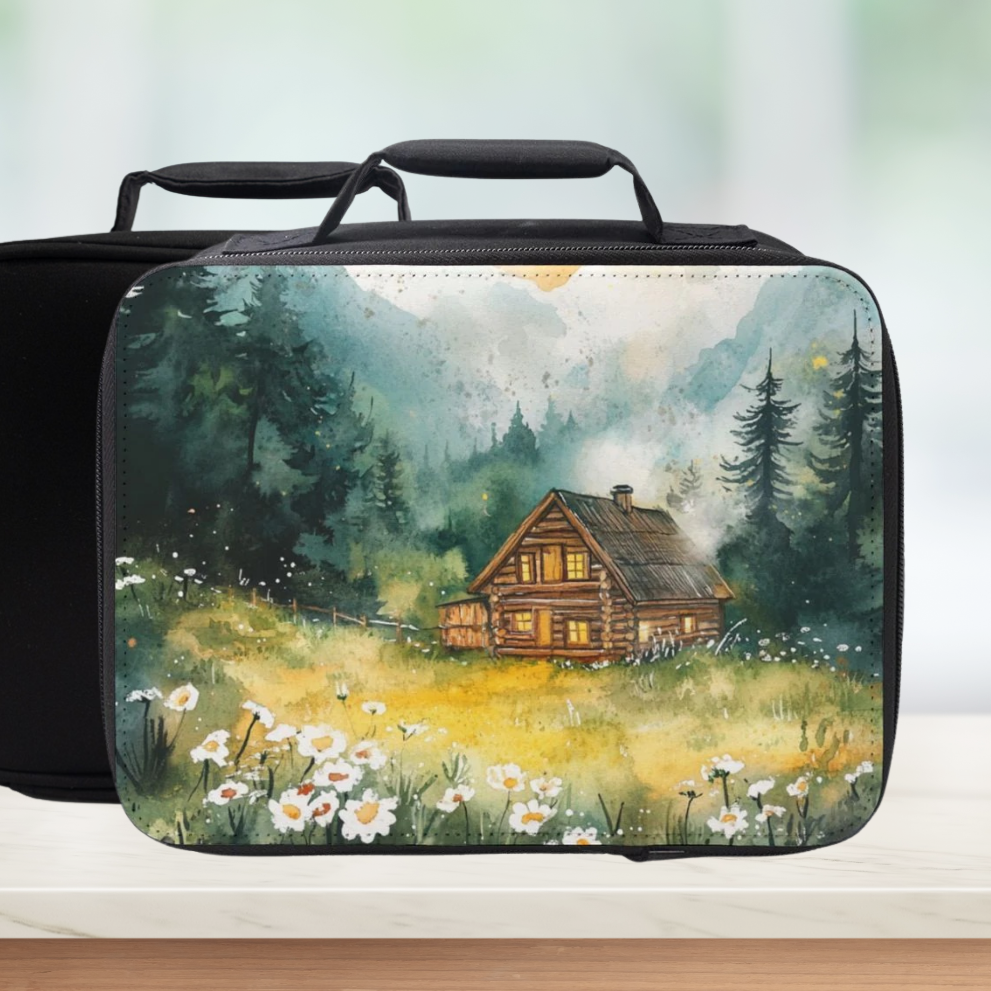 Black lunch bag with a scenic design of a cabin in the woods on a white background