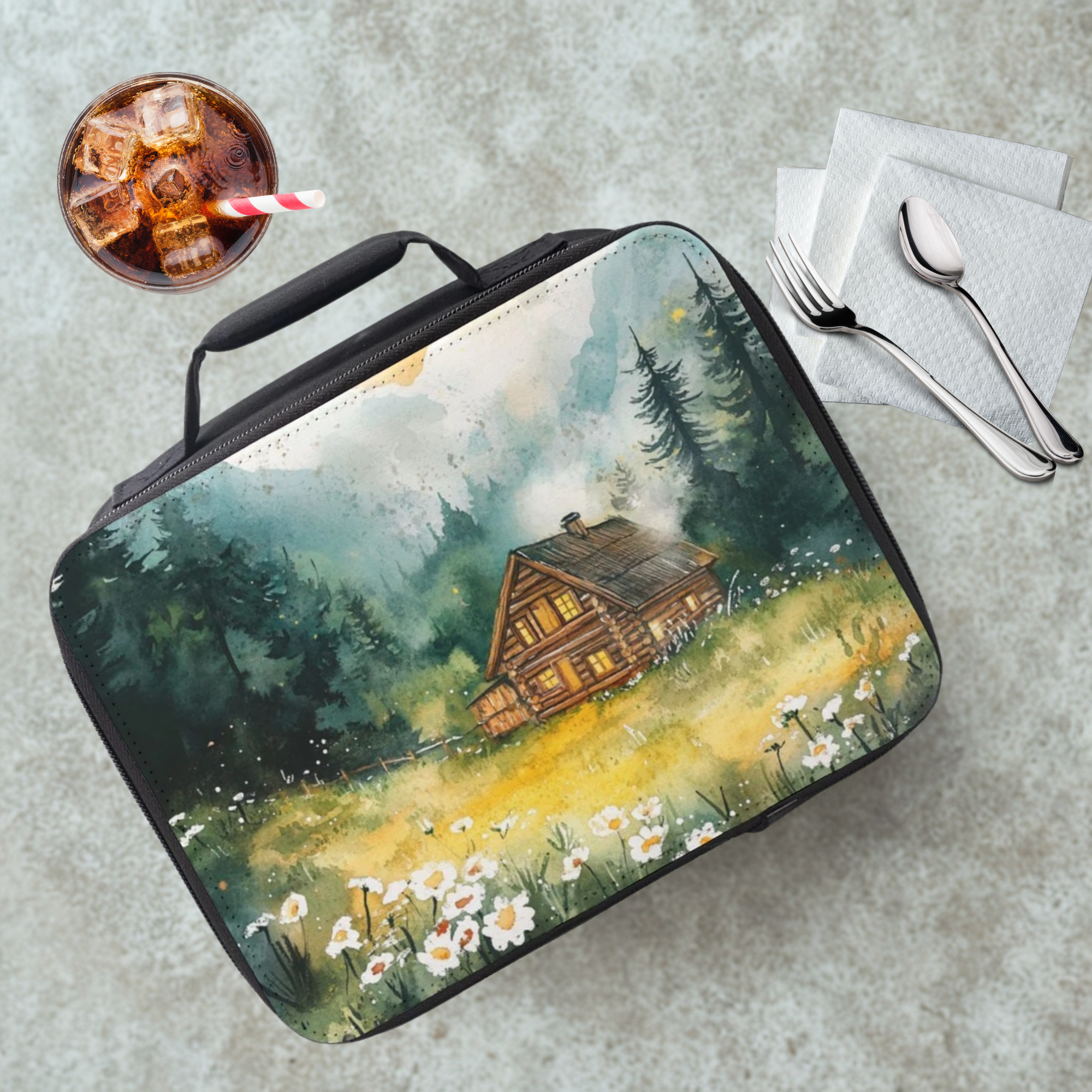 Lunch bag with nature-themed design of a cabin and trees on a cafeteria table with a drink and utensils.