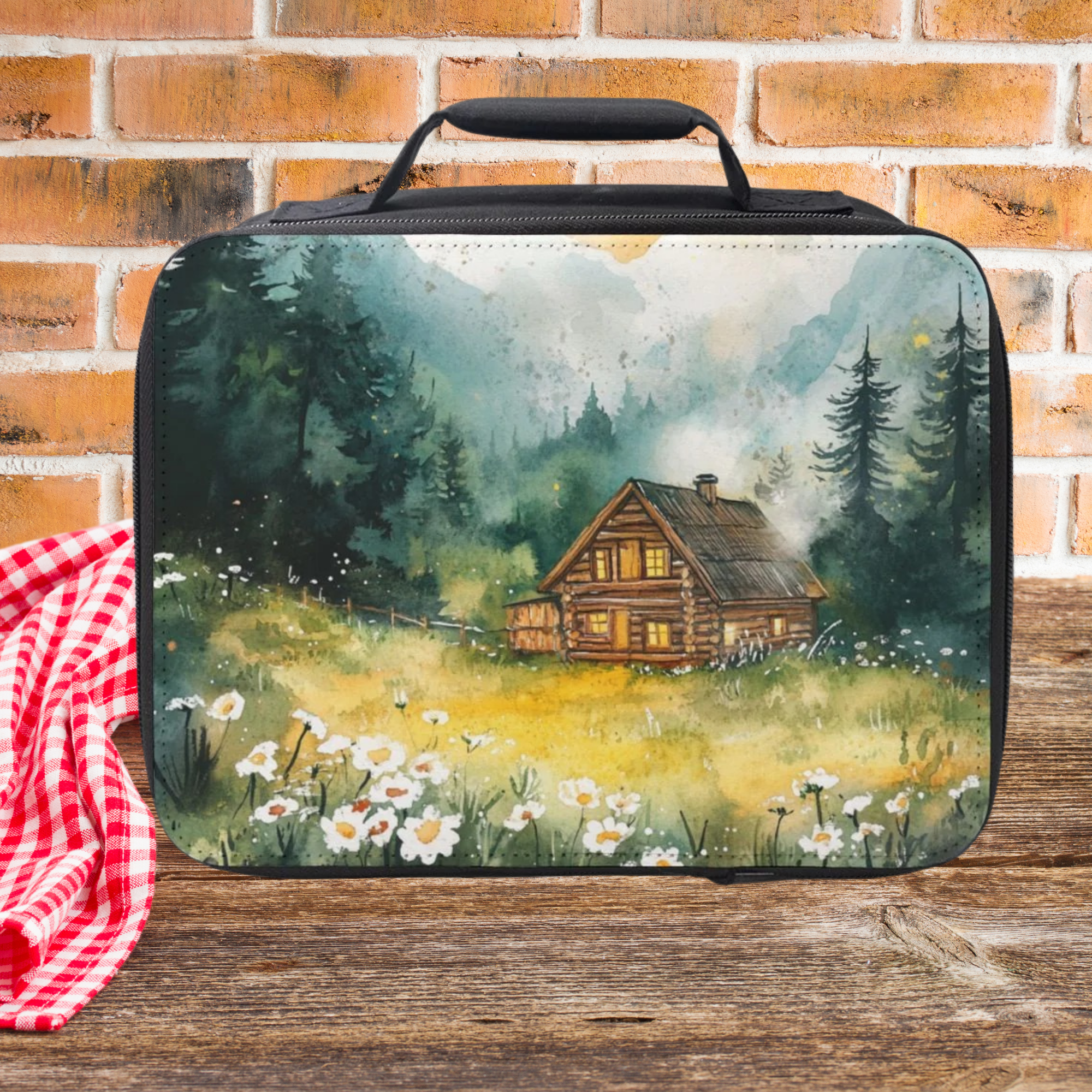 Lunch bag with a scenic design of a cabin in the woods on a wooden picnic table with a brick wall background.
