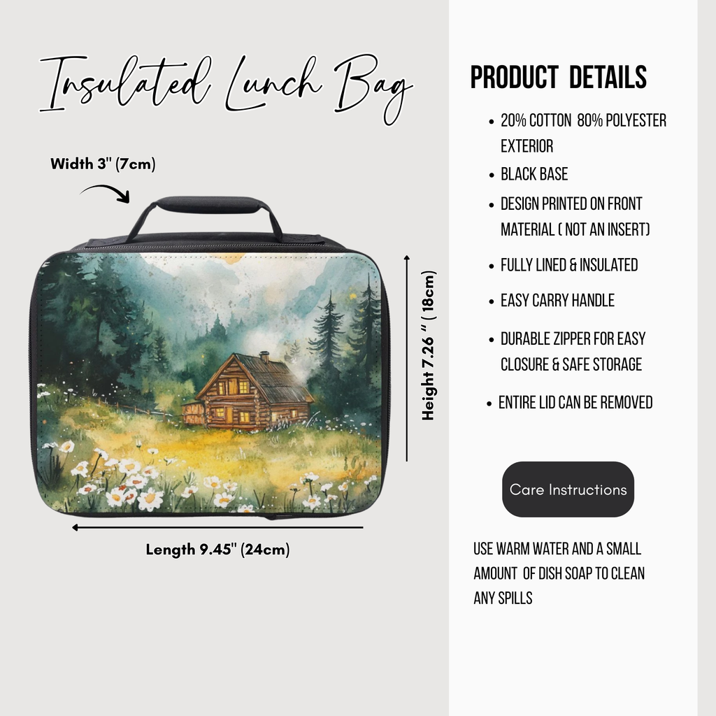 Insulated lunch bag with nature design and product details on a white background