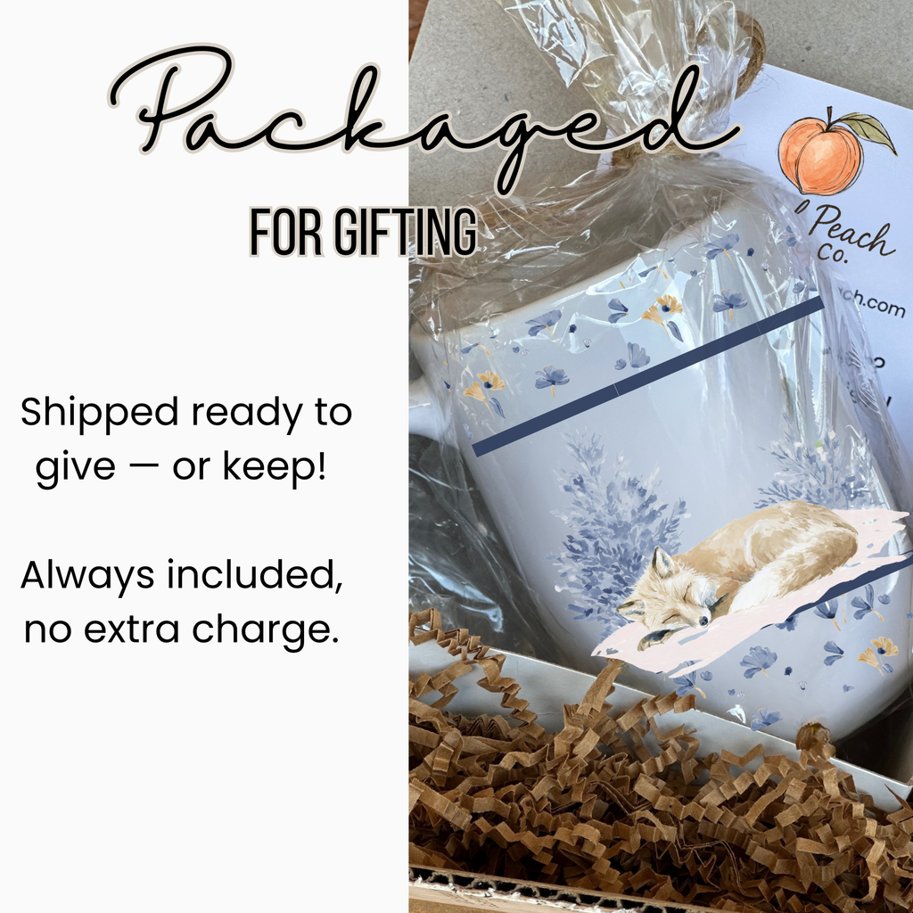 Product packaging with a fox design, labeled 'Peach Co', on a white background.