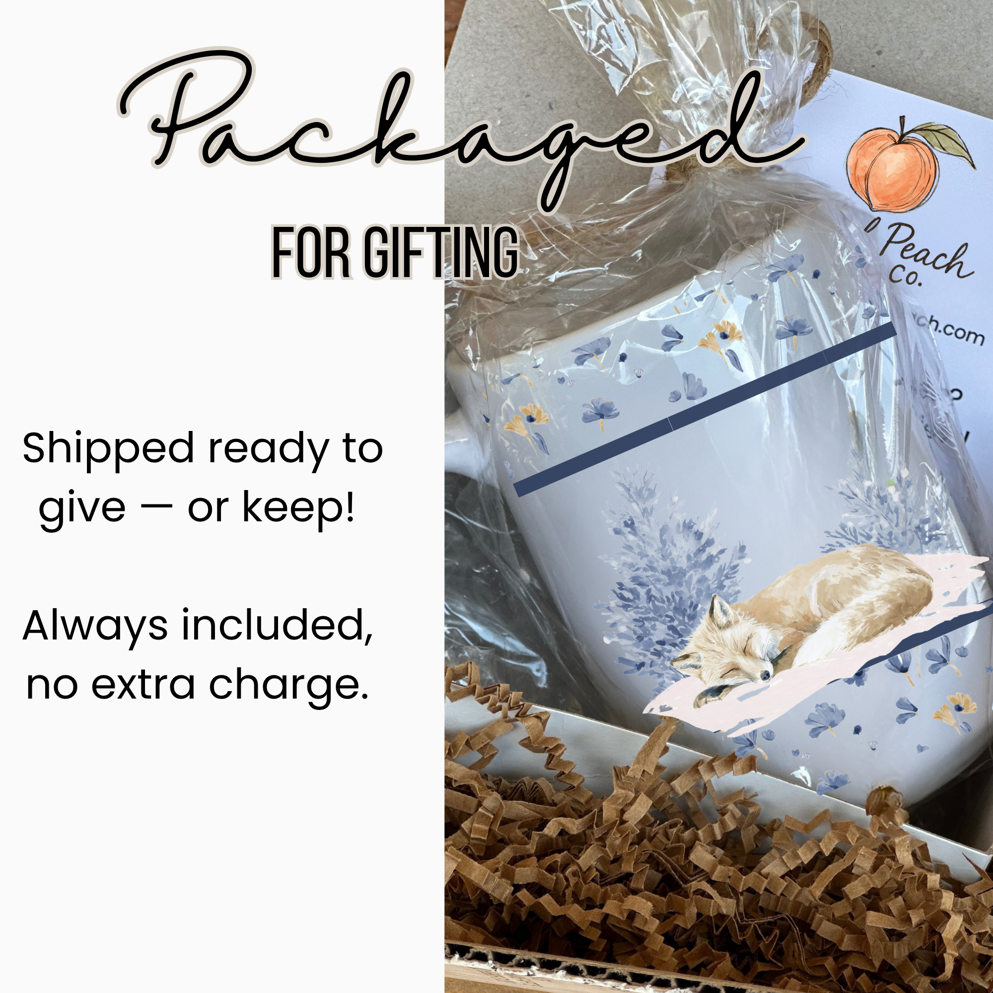 Product packaging with a fox design, labeled 'Peach Co', on a white background.