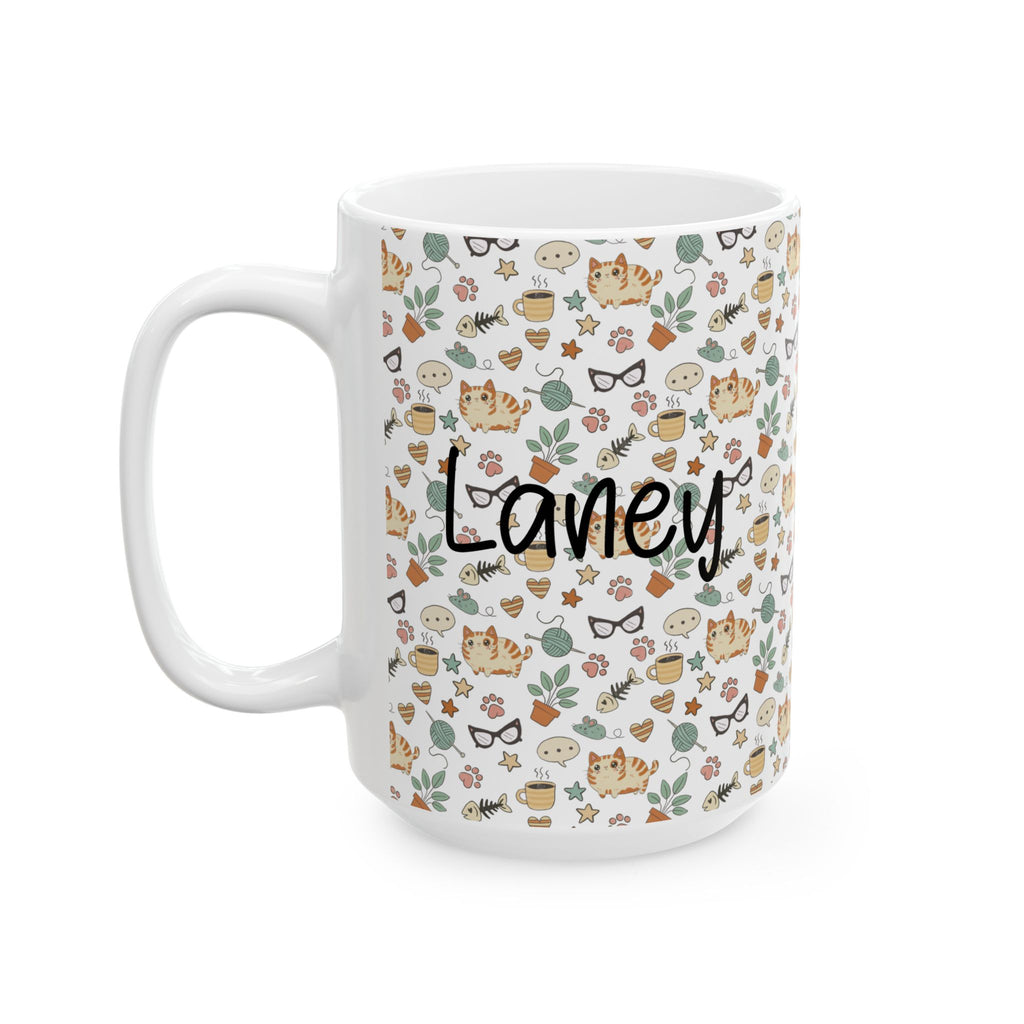 Left side of 15oz white mug with a colorful cat pattern and 'Laney' custom text on a white background