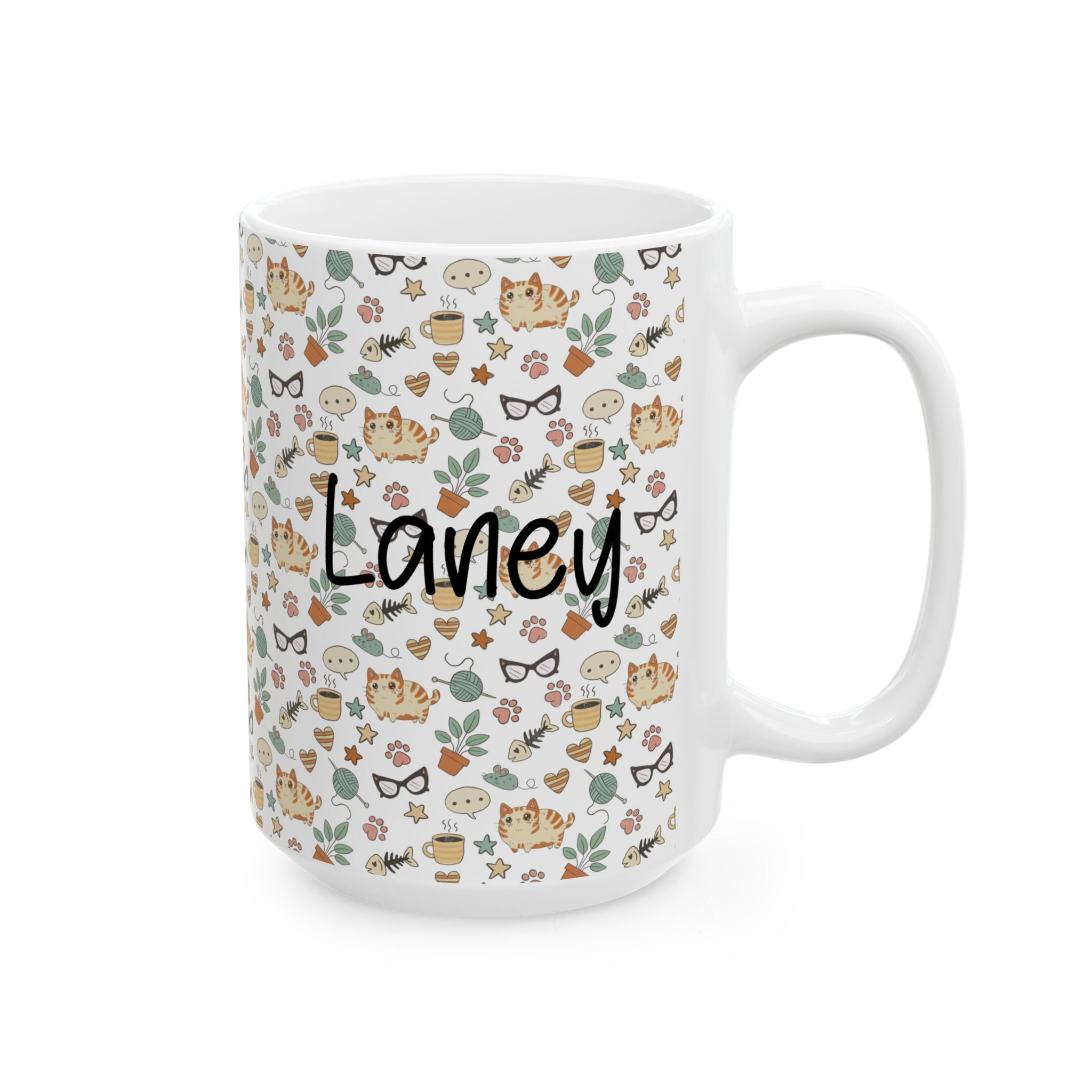 White 15oz. mug with a colorful cat pattern and the name 'Laney' printed on it, against a white background.