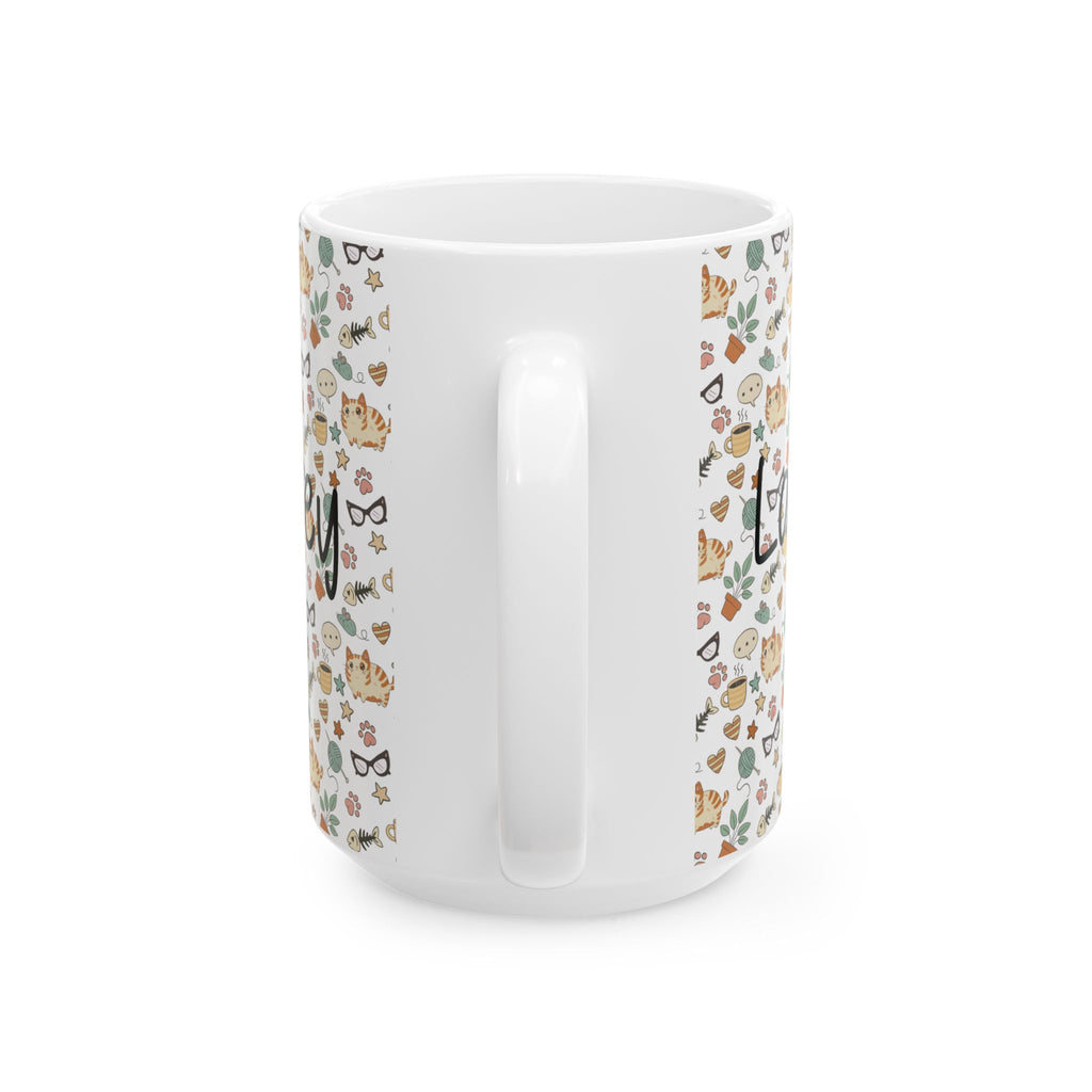 Back side of 15oz. white mug with decorative patterns on a white background