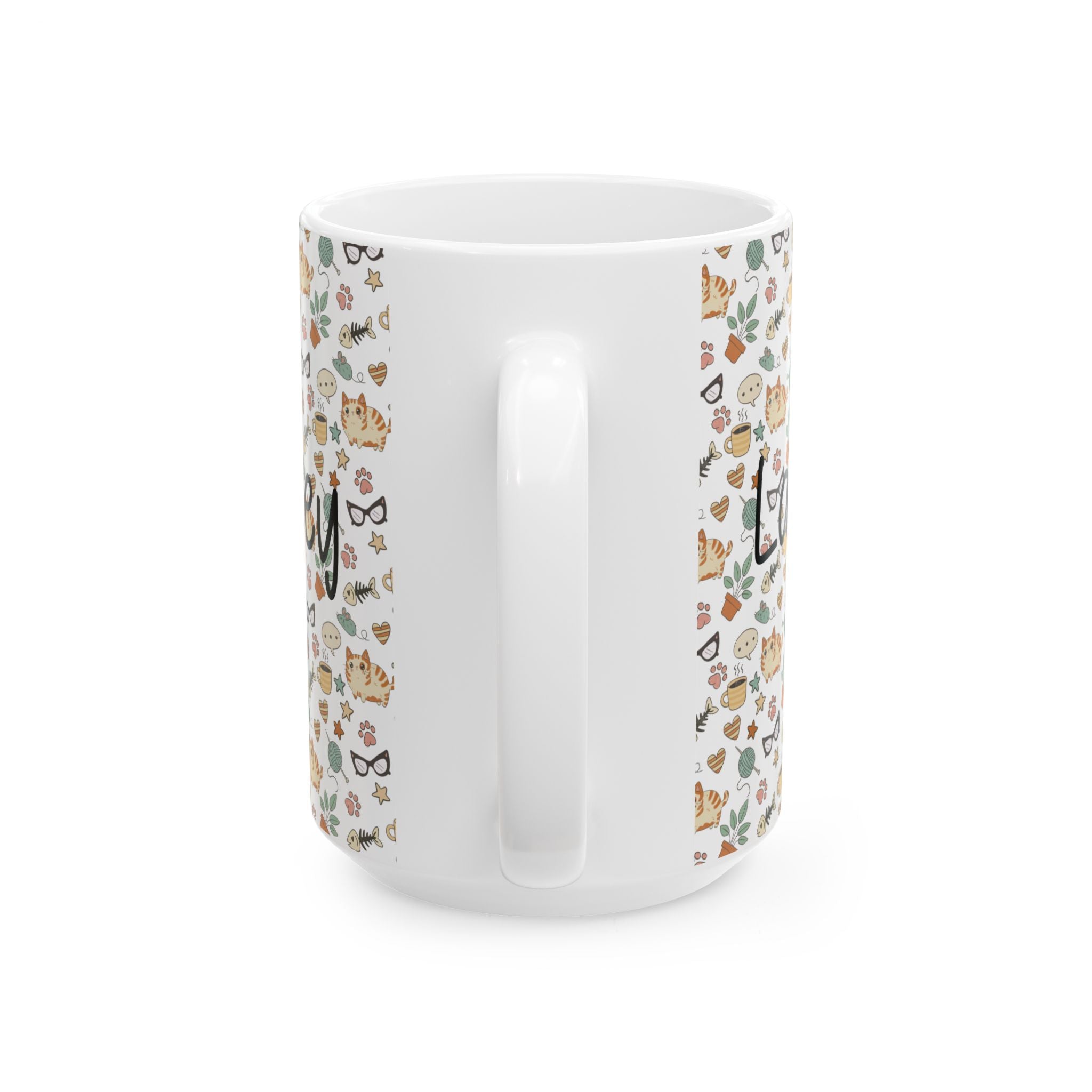 Back side of 15oz. white mug with decorative patterns on a white background