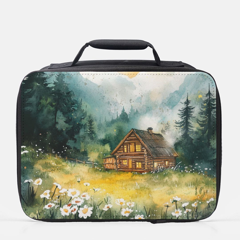  insulated lunch bag with a cabin and nature design