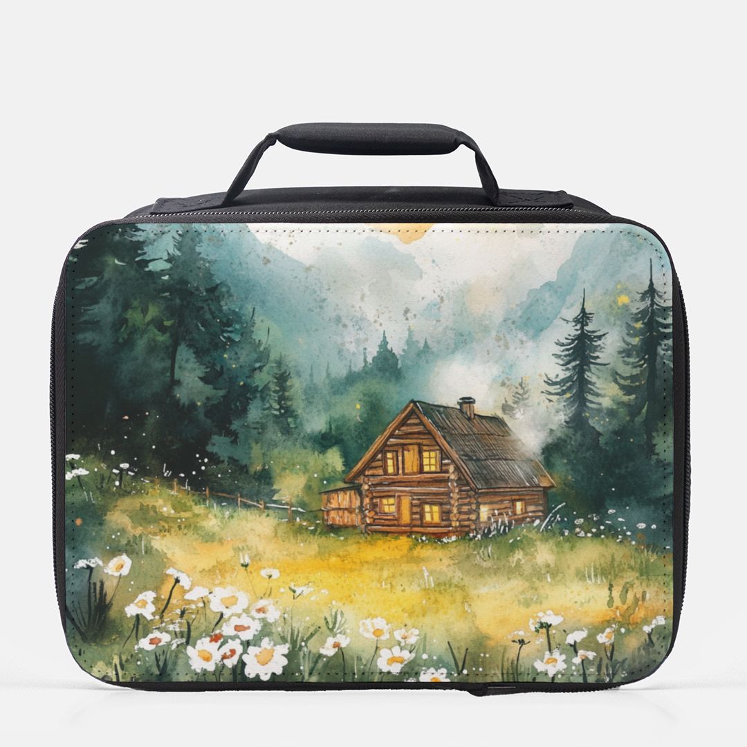  insulated lunch bag with a cabin and nature design
