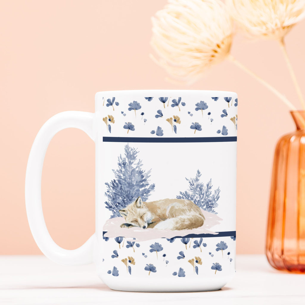 Mug with a wolf design on a floral patterned background